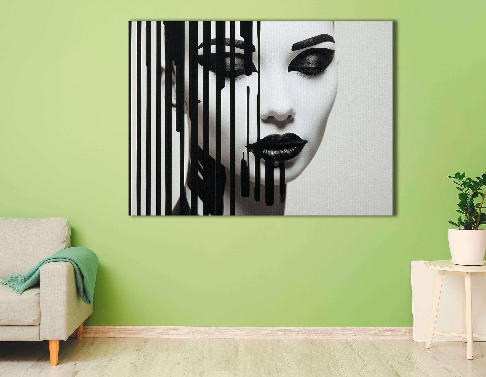 Elegant Geisha Portrait with Black and White Stripes - Canvas Print - Artoholica Ready to Hang Canvas Print