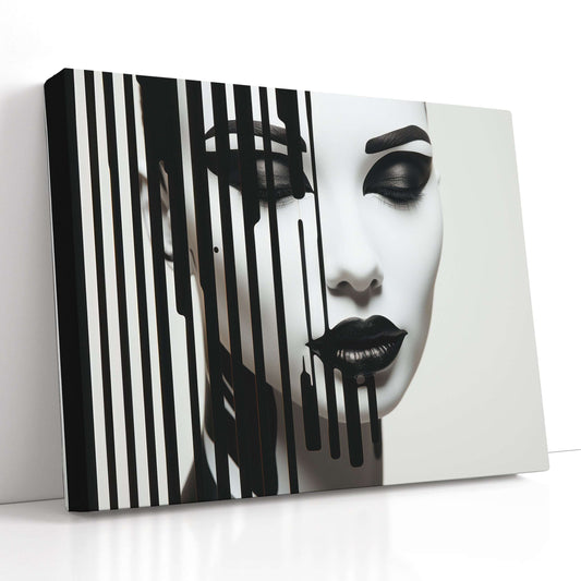 Elegant Geisha Portrait with Black and White Stripes - Canvas Print - Artoholica Ready to Hang Canvas Print