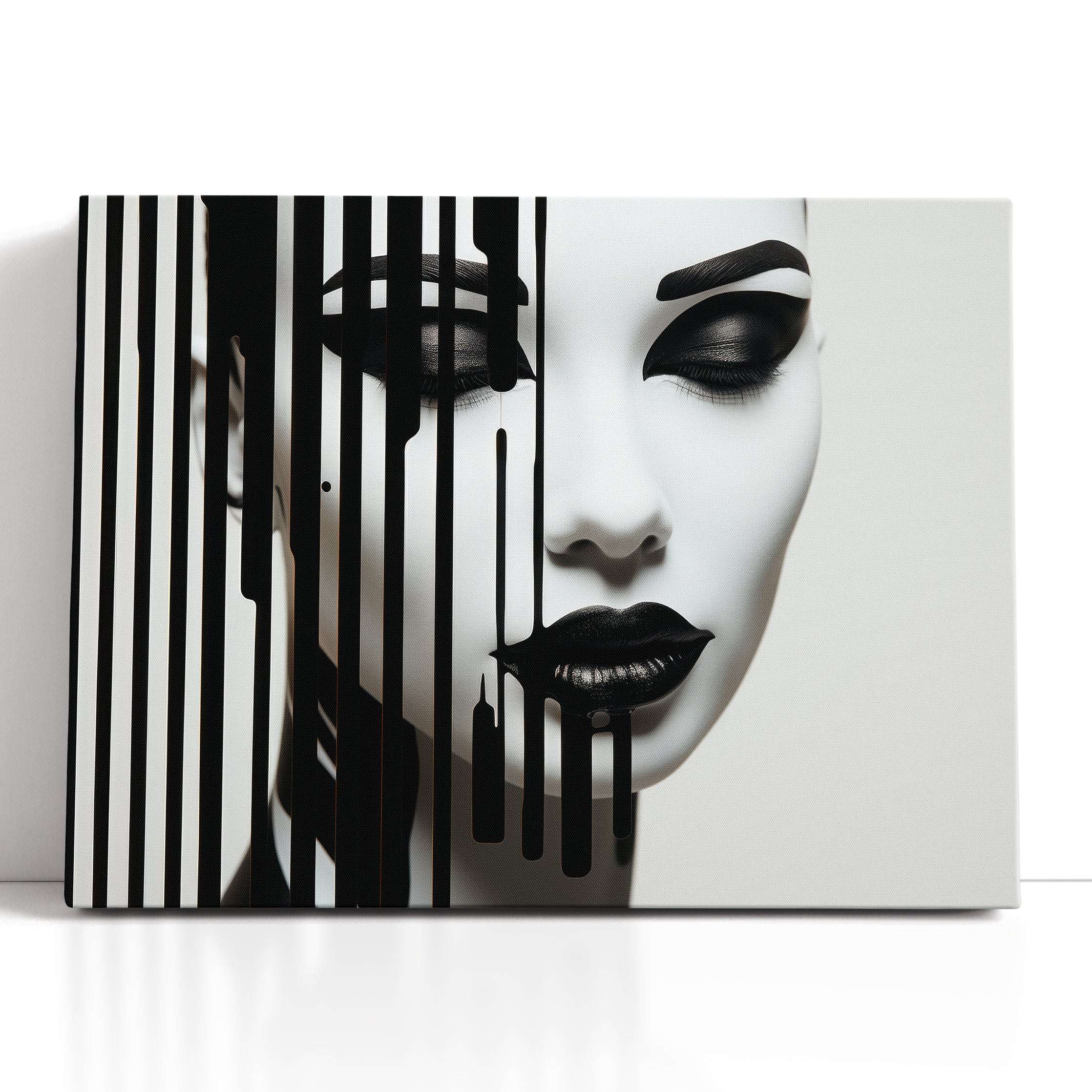 Elegant Geisha Portrait with Black and White Stripes - Canvas Print - Artoholica Ready to Hang Canvas Print