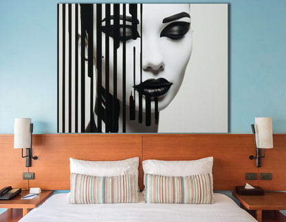 Elegant Geisha Portrait with Black and White Stripes - Canvas Print - Artoholica Ready to Hang Canvas Print