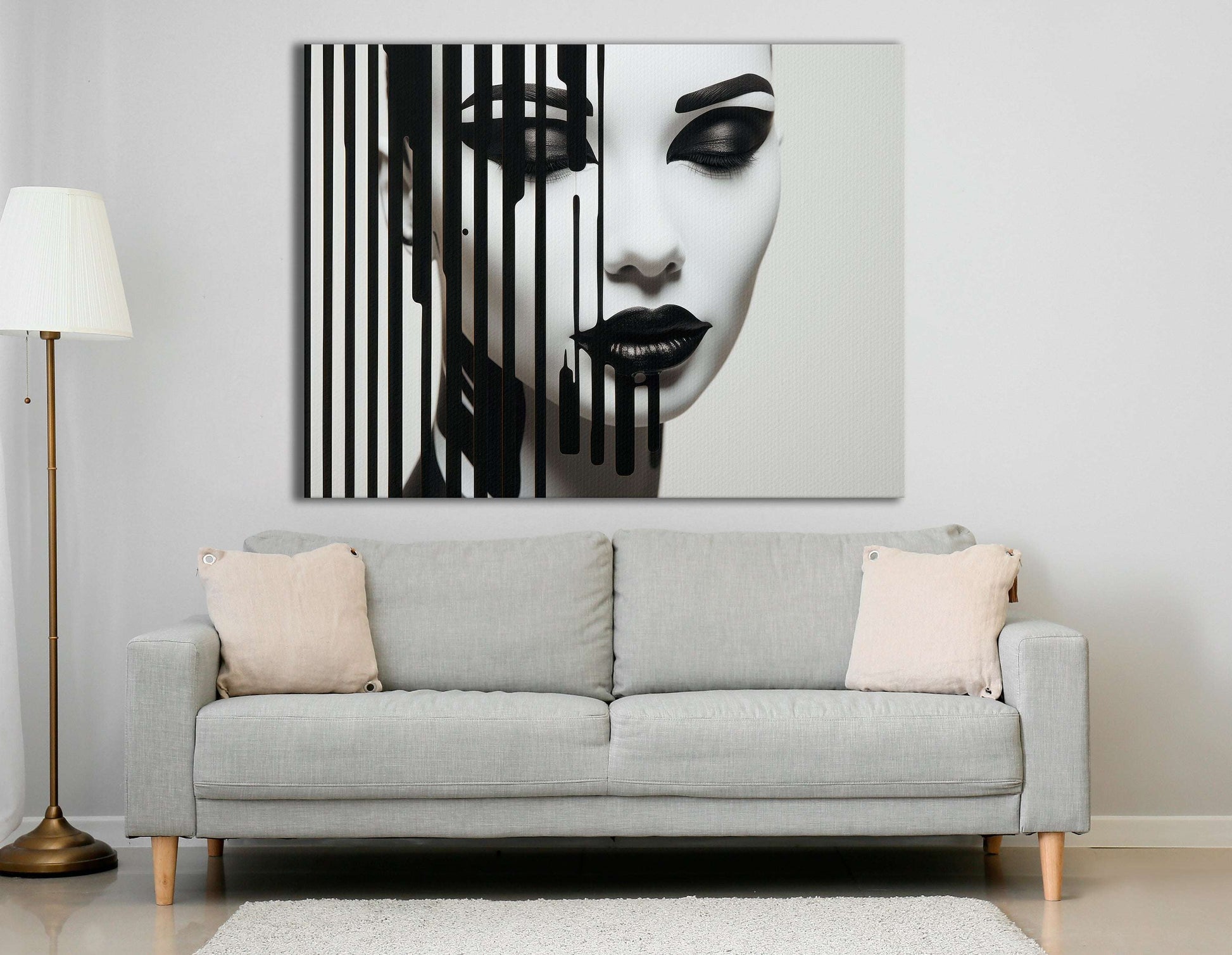 Elegant Geisha Portrait with Black and White Stripes - Canvas Print - Artoholica Ready to Hang Canvas Print