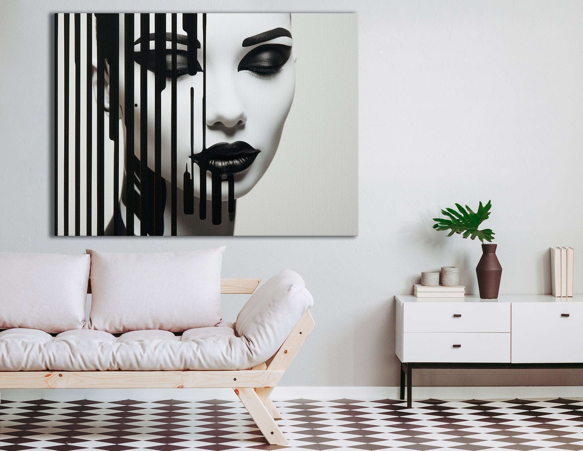 Elegant Geisha Portrait with Black and White Stripes - Canvas Print - Artoholica Ready to Hang Canvas Print