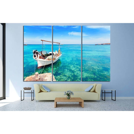 Els Pujols beach in Formentera with traditional fishing boat in summer day №2509 Ready to Hang Canvas PrintCanvas art arrives ready to hang, with hanging accessories included and no additional framing required. Every canvas print is hand-crafted, made on-
