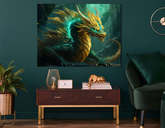 Emerald and Gold Scaled Dragon - Canvas Print - Artoholica Ready to Hang Canvas Print