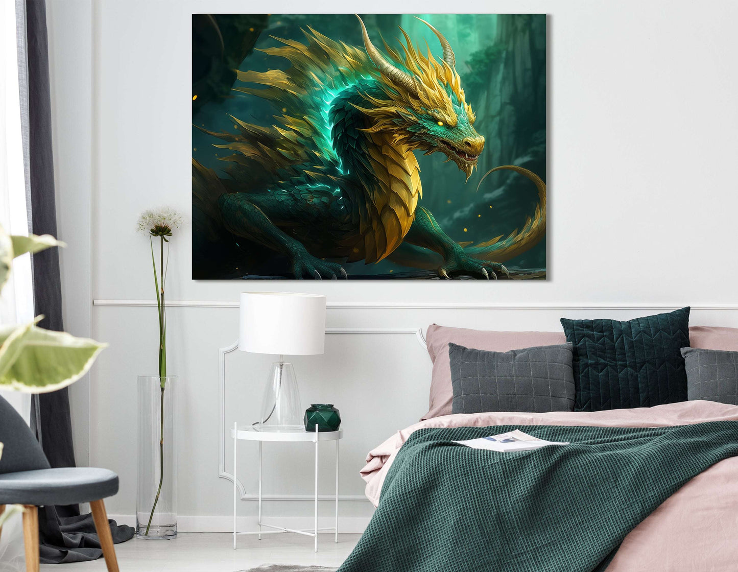 Emerald and Gold Scaled Dragon - Canvas Print - Artoholica Ready to Hang Canvas Print