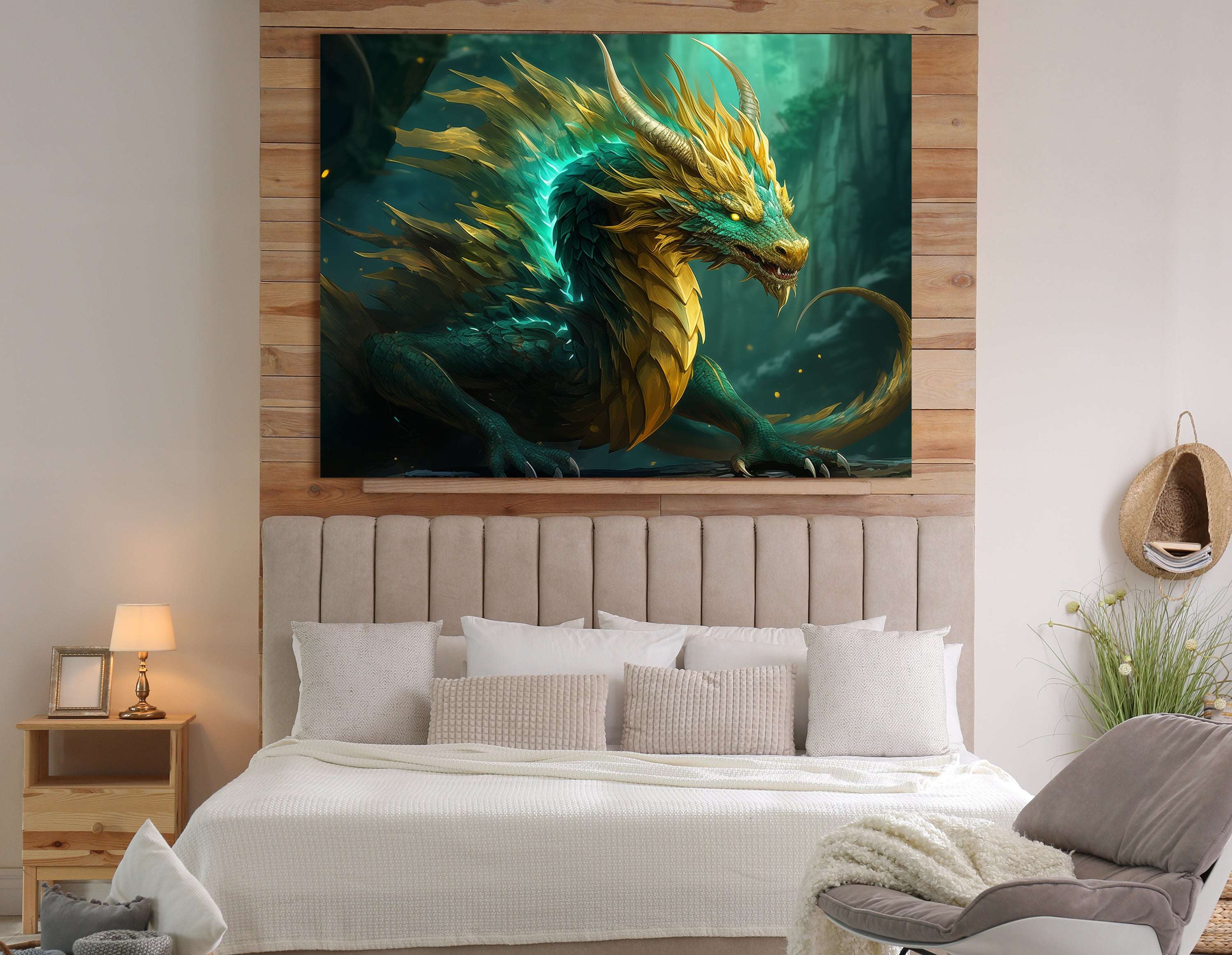 Emerald and Gold Scaled Dragon - Canvas Print - Artoholica Ready to Hang Canvas Print