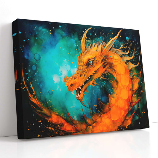 Expressive Ink Art of Mythological Orange Dragon - Canvas Print - Artoholica Ready to Hang Canvas Print