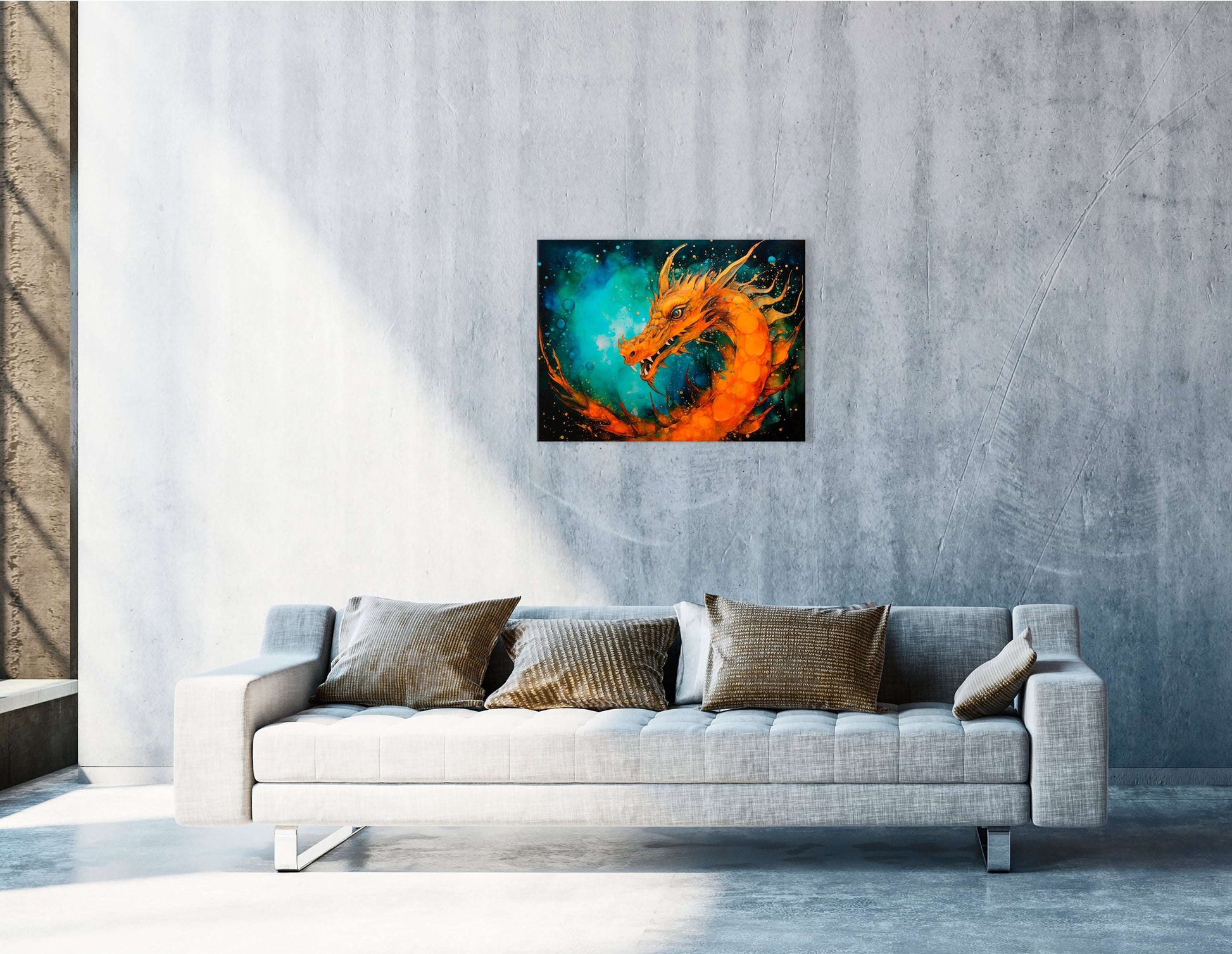 Expressive Ink Art of Mythological Orange Dragon - Canvas Print - Artoholica Ready to Hang Canvas Print