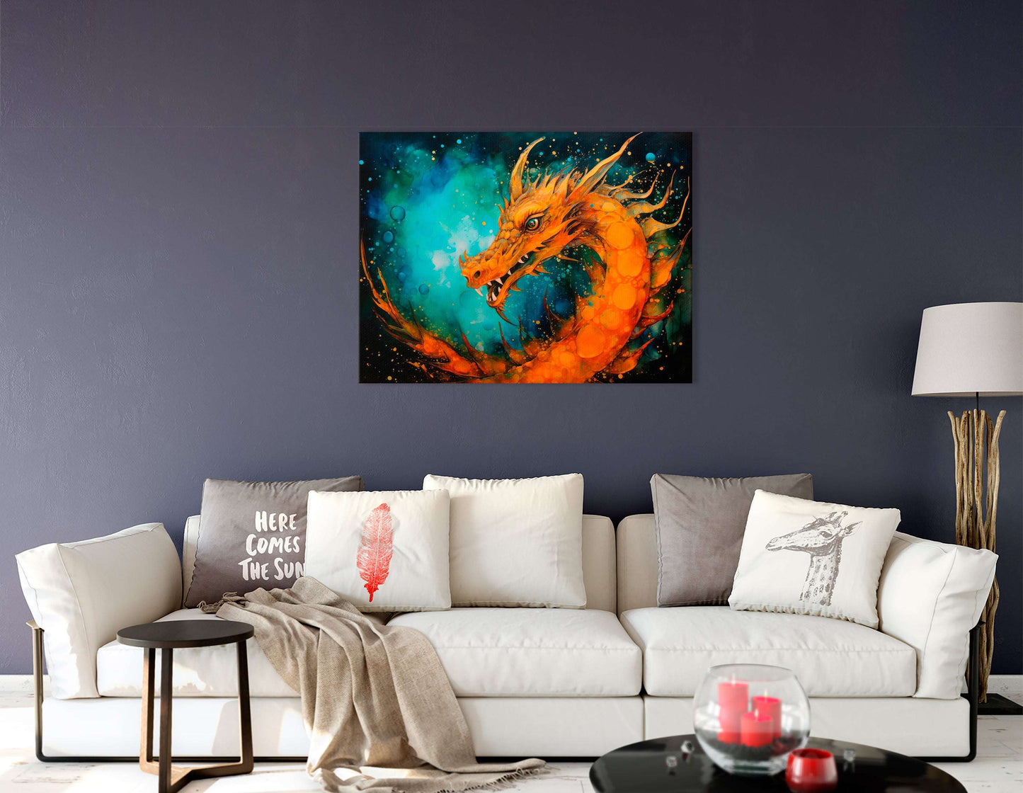 Expressive Ink Art of Mythological Orange Dragon - Canvas Print - Artoholica Ready to Hang Canvas Print