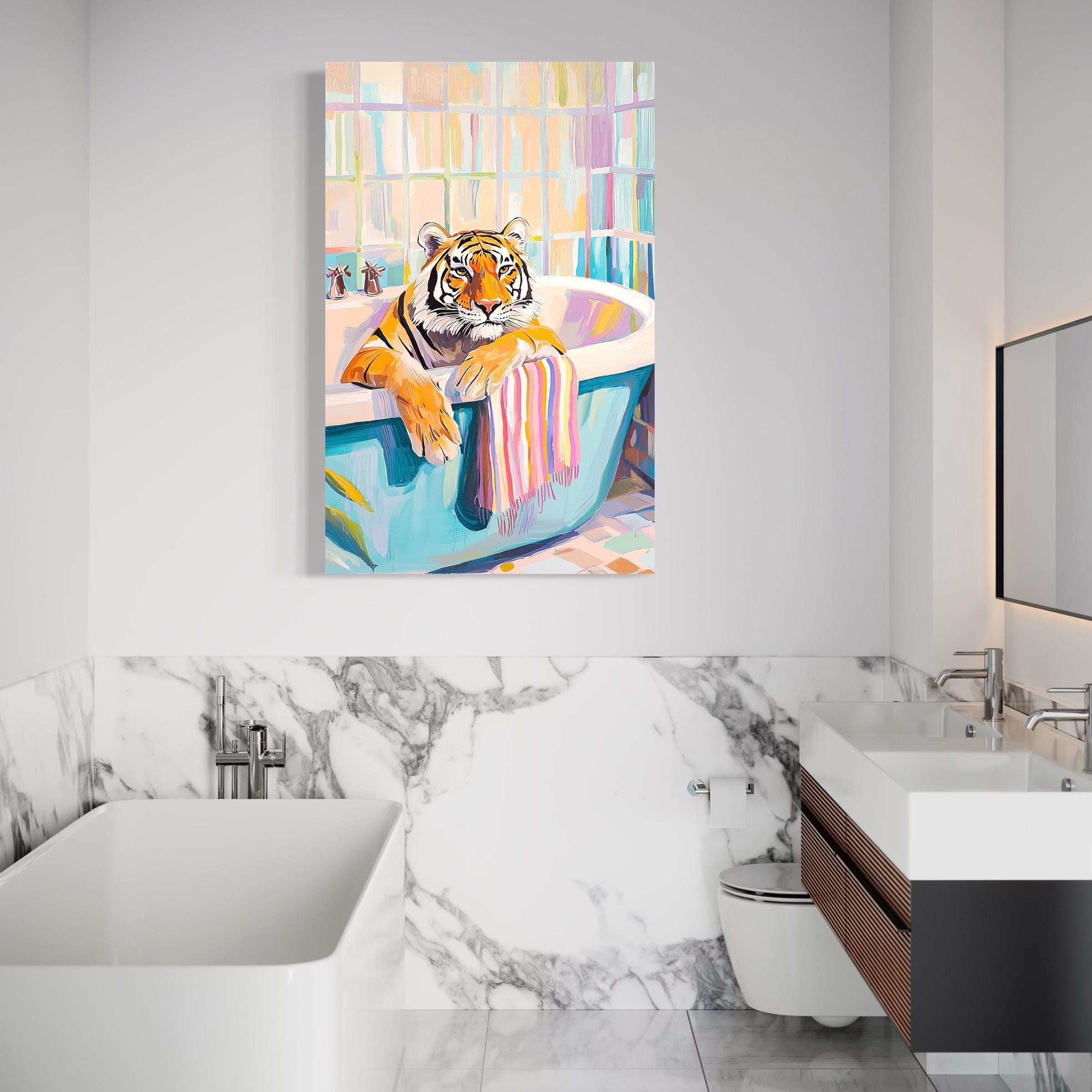 Tiger Poster Art - Maximalist Bathroom Wall Art, Dopamine Decor, Pink Kitsch Aesthetic, Trendy Tiger in a Bath Print, Preppy Jungle Wall Art