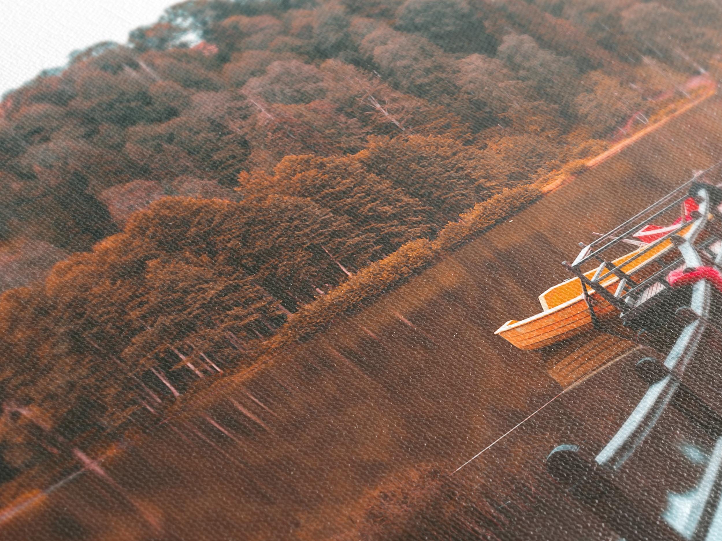Autumn Lake Triptych Canvas Art - Wooden Dock and Boats Wall Art, Mountain Landscape Print, Fall Nature Art Print, Large 3-Panel Wall Art