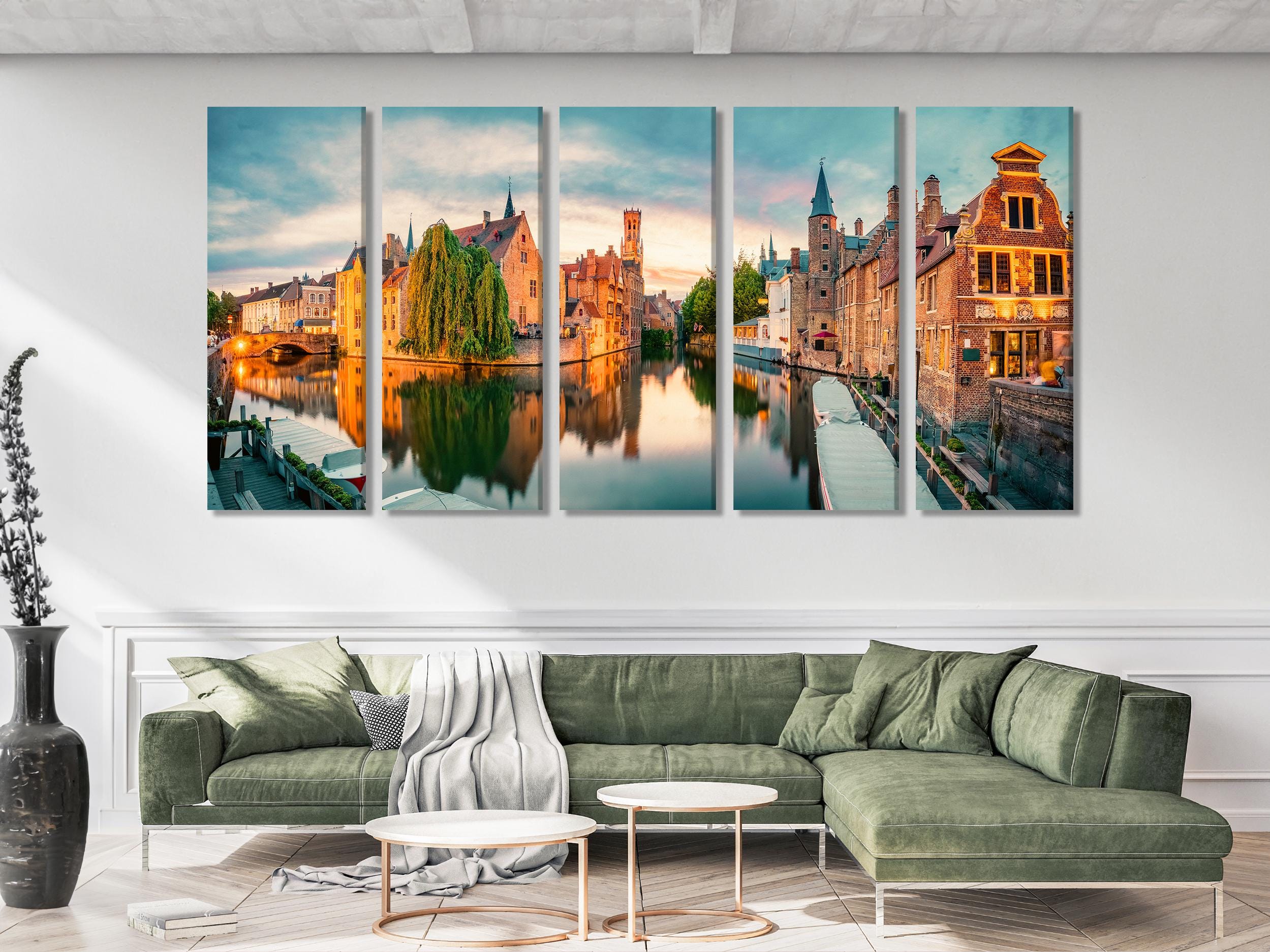 Paesaggio urbano di Bruges - Stampa su tela del Belgio, grande opera d'arte di architettura europea, fotografia del tramonto di Bruges, opera d'arte extra large ispirata ai viaggi