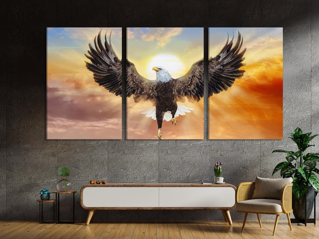 Leinwanddruck mit Weißkopfseeadler, extra großer Weißkopfseeadler mit Sonnenuntergangshimmel, Wandkunst für moderne, von der Natur inspirierte Wohndekoration