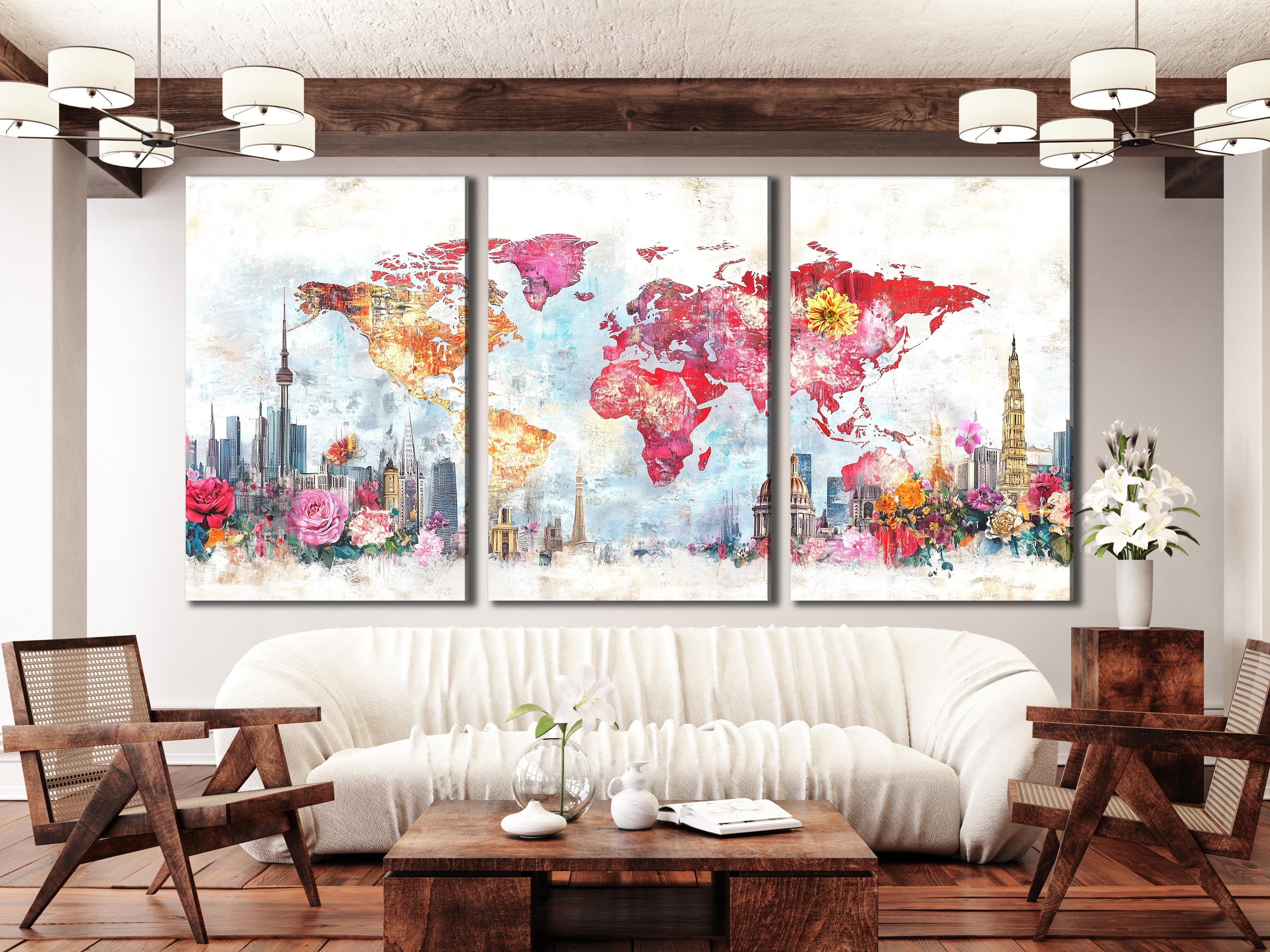 Moderna mappa del mondo floreale su tela, dipinto astratto con skyline della città, mappa di viaggio colorata, decorazione floreale, paesaggio urbano, stampa per interni di casa