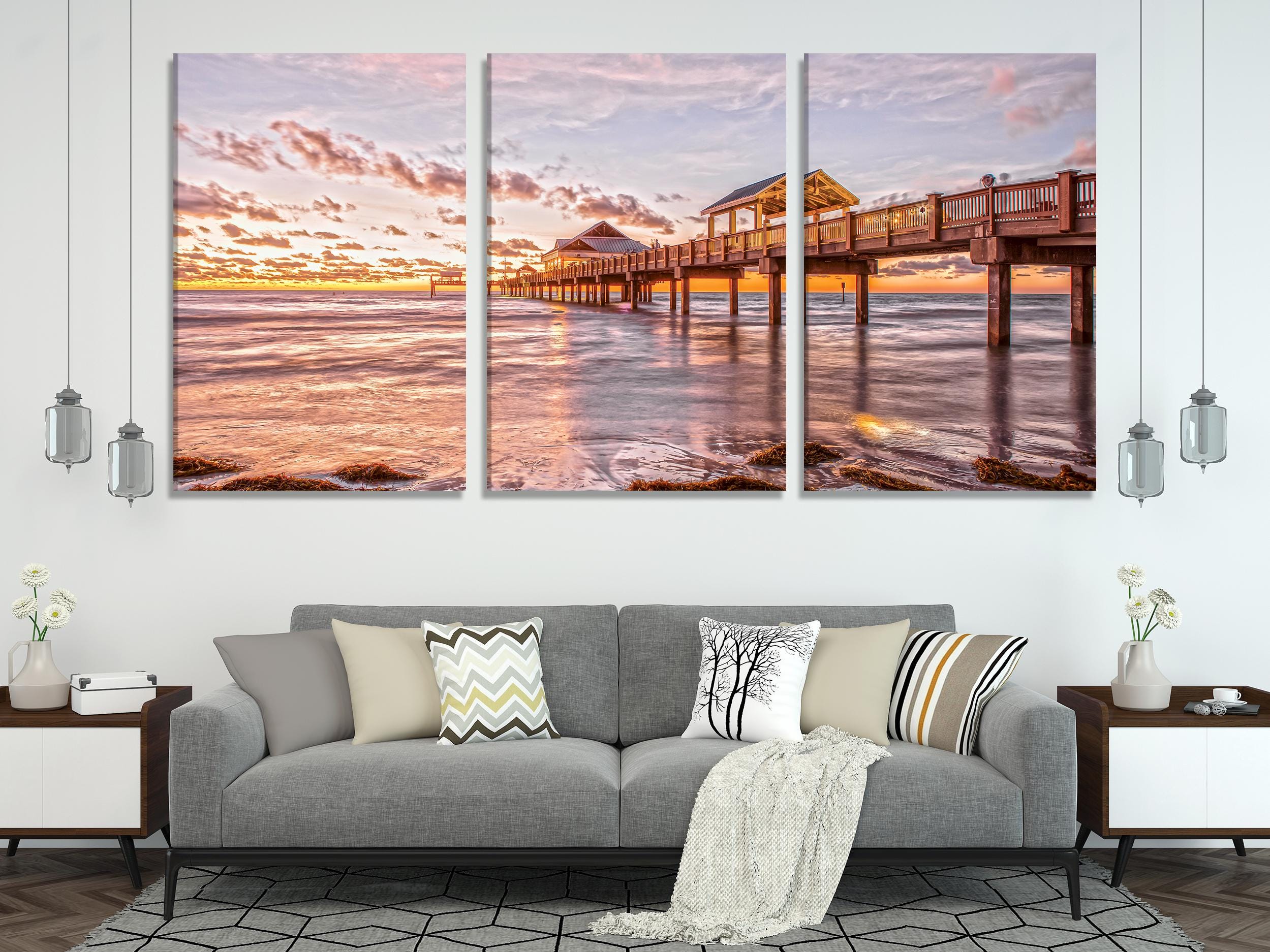 Large Clearwater Beach Pier Canvas Print, Florida Sunset Wall Art, Oversized Seascape Artwork, Ocean Pier Canvas Art for Coastal Home Decor