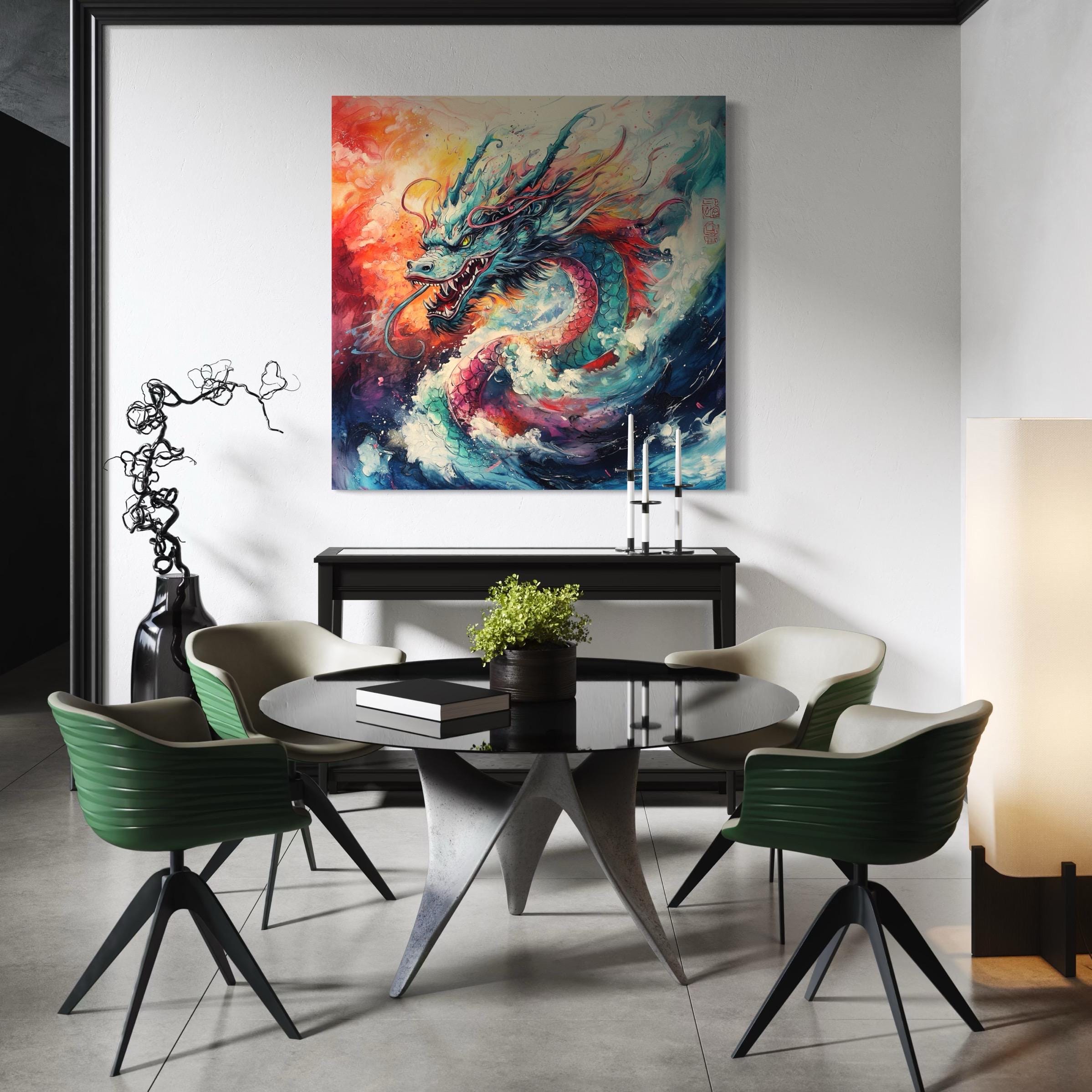 Japanese Dragon Art - Colorful Dragon Canvas Art, Fantasy Wall Art, Abstract Dragon Print, Samurai & Asian Wall Decor, Water Dragon Artwork