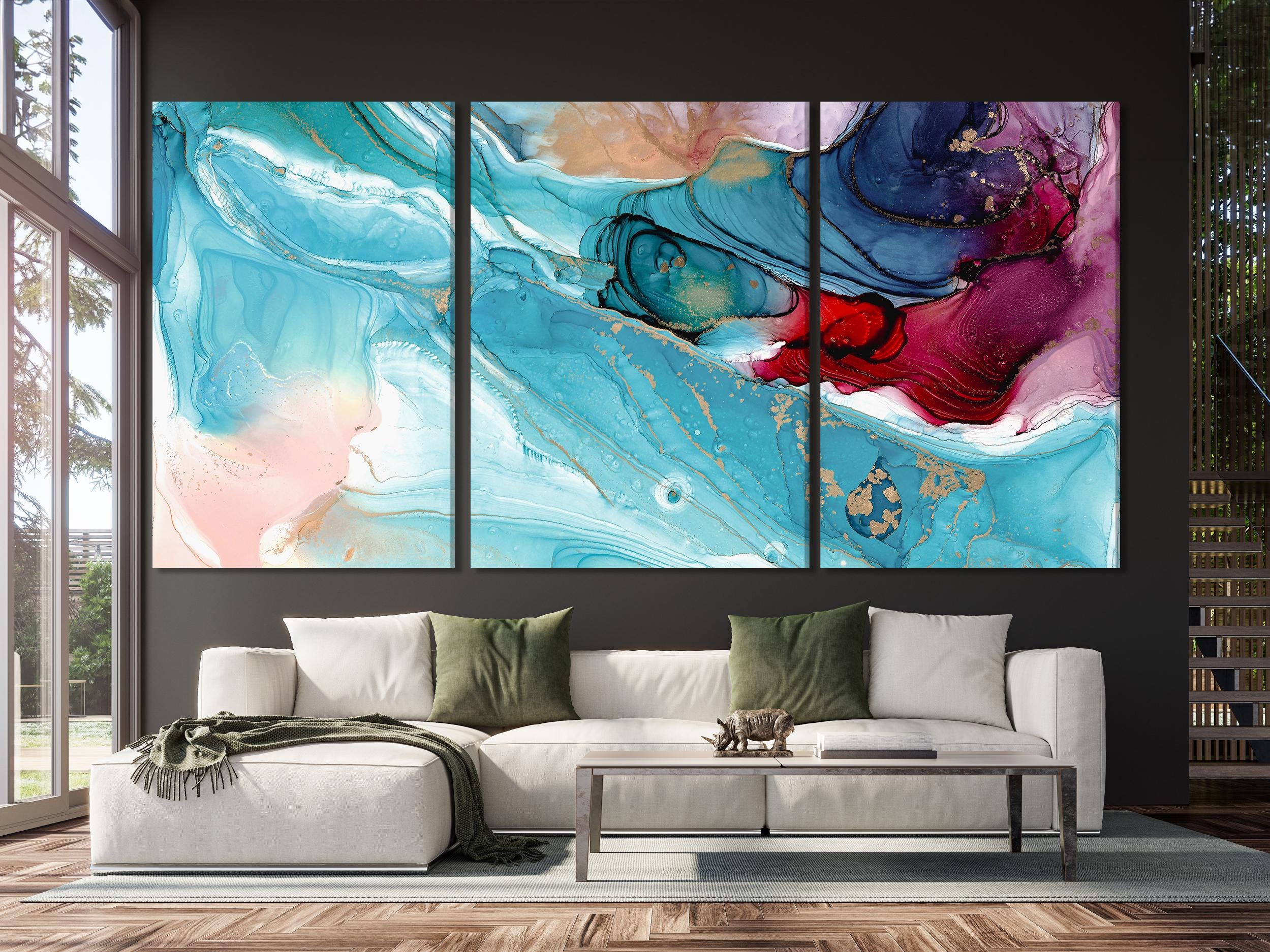 Abstract Painting - Fluid Art Canvas Print, Vibrant Teal & Crimson Wall Art, Modern Colorful Artwork Wall Decor, Contemporary Fine Art Print