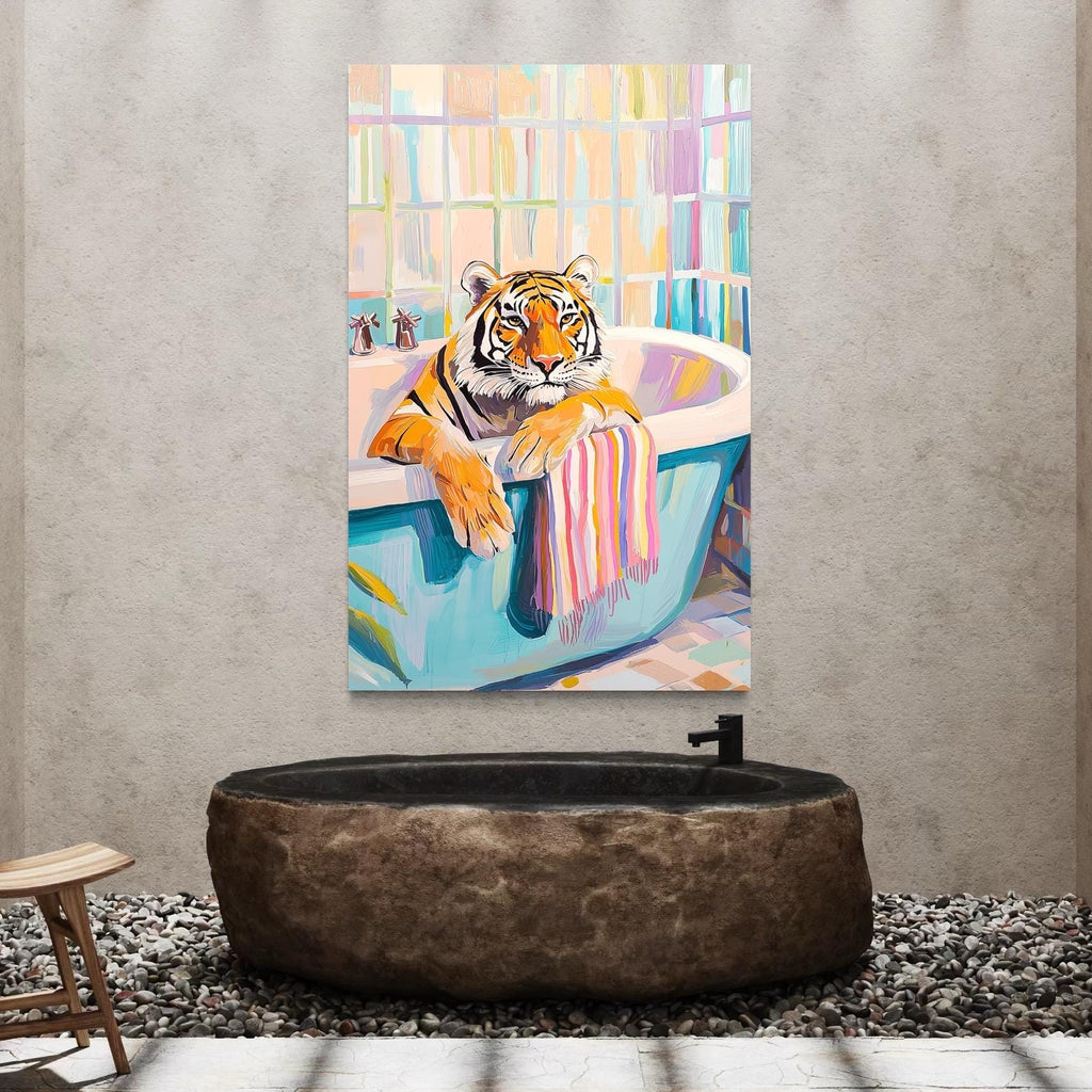 Tiger Poster Art - Maximalist Bathroom Wall Art, Dopamine Decor, Pink Kitsch Aesthetic, Trendy Tiger in a Bath Print, Preppy Jungle Wall Art