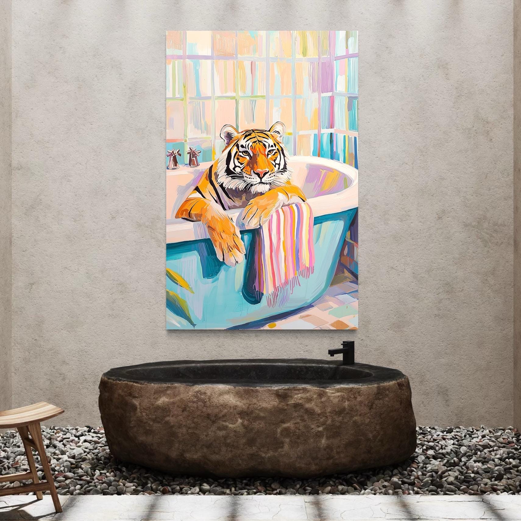 Tiger Poster Art - Maximalist Bathroom Wall Art, Dopamine Decor, Pink Kitsch Aesthetic, Trendy Tiger in a Bath Print, Preppy Jungle Wall Art