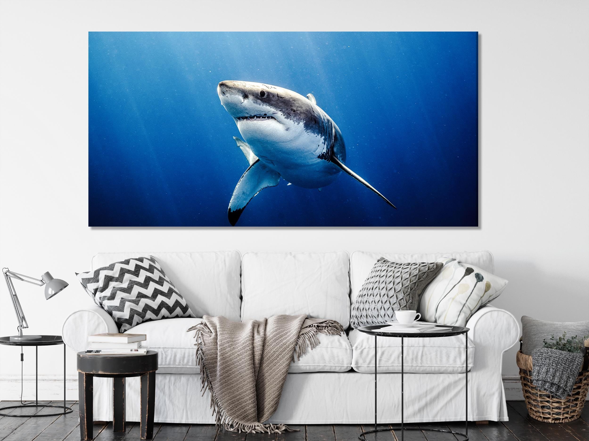 Great White Shark Canvas Print, Large Marine Life Wall Art, Ocean Predator Artwork, Underwater Shark Decor, Extra Large Sea Life Canvas Art