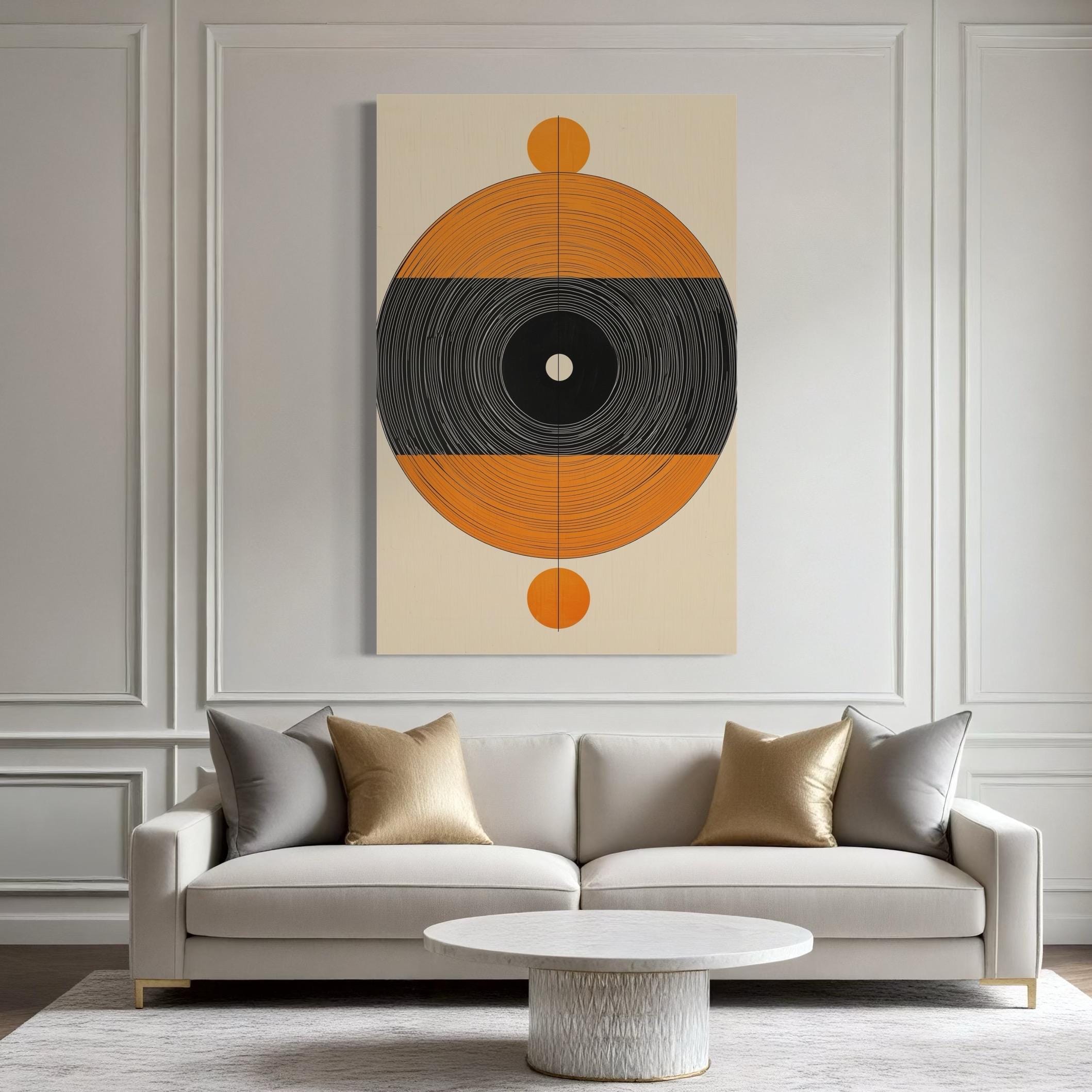 Moderne wanddecoratie uit het midden van de vorige eeuw - Canvas geïnspireerd op vinylplaten, beige en oranje retro wanddecoratie, abstracte muziekprint, geometrische minimalistische kunst