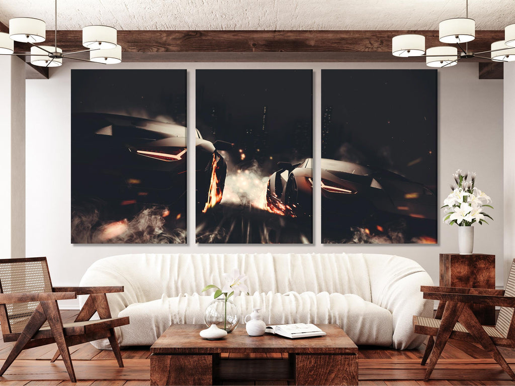 Supercar-Leinwanddruck, moderne Rennsport-Wandkunst, großes mehrteiliges Kunstwerk, Sportwagen-Kunstdruck, dynamische Wanddekoration für Zuhause