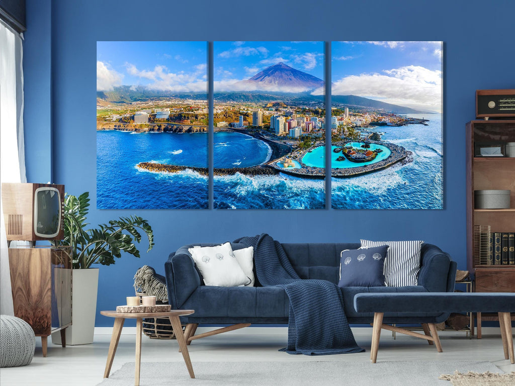 Tenerife Large Print - Puerto de la Cruz Canvas Print, Aerial 3-Panel Tenerife Coastline Print, Coastal Wall Art, Tenerife Modern Home Decor