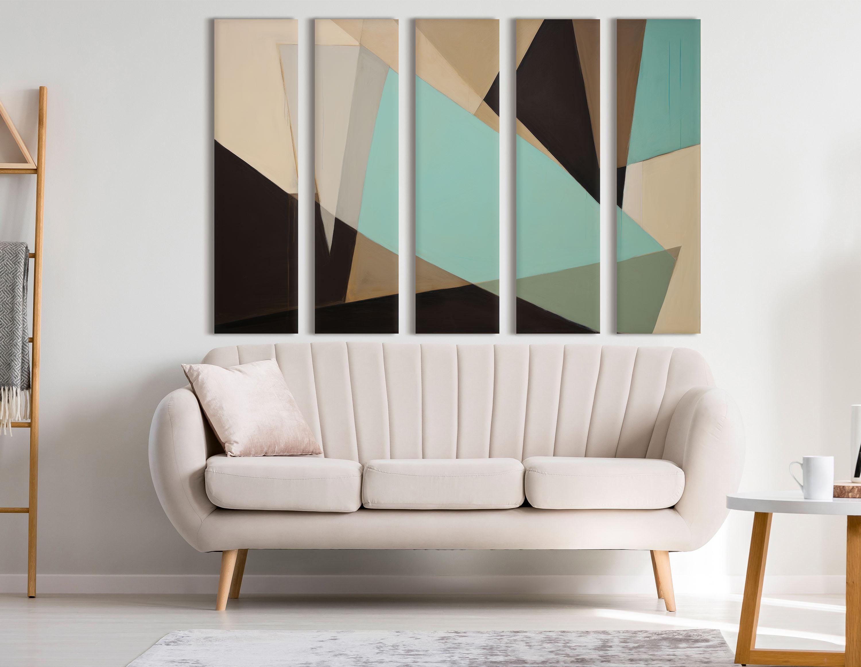 Geometric Canvas Wall Art, Abstract Triptych Painting, Minimalist Home Decor, Extra Large Canvas Print, Teal Beige Black Artwork, Gift Idea