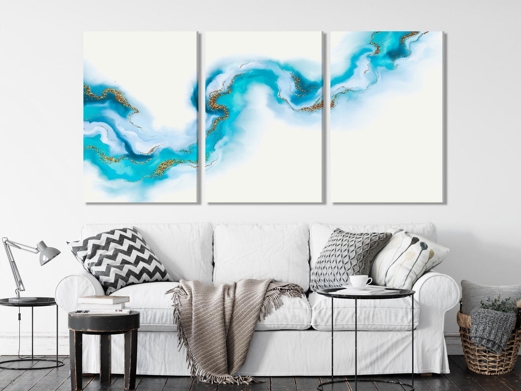 Abstract Blue and Gold Canvas Print, Large Fluid Wall Decor, Modern Minimalist Artwork, Ocean-Inspired Abstract Painting, Contemporary Art