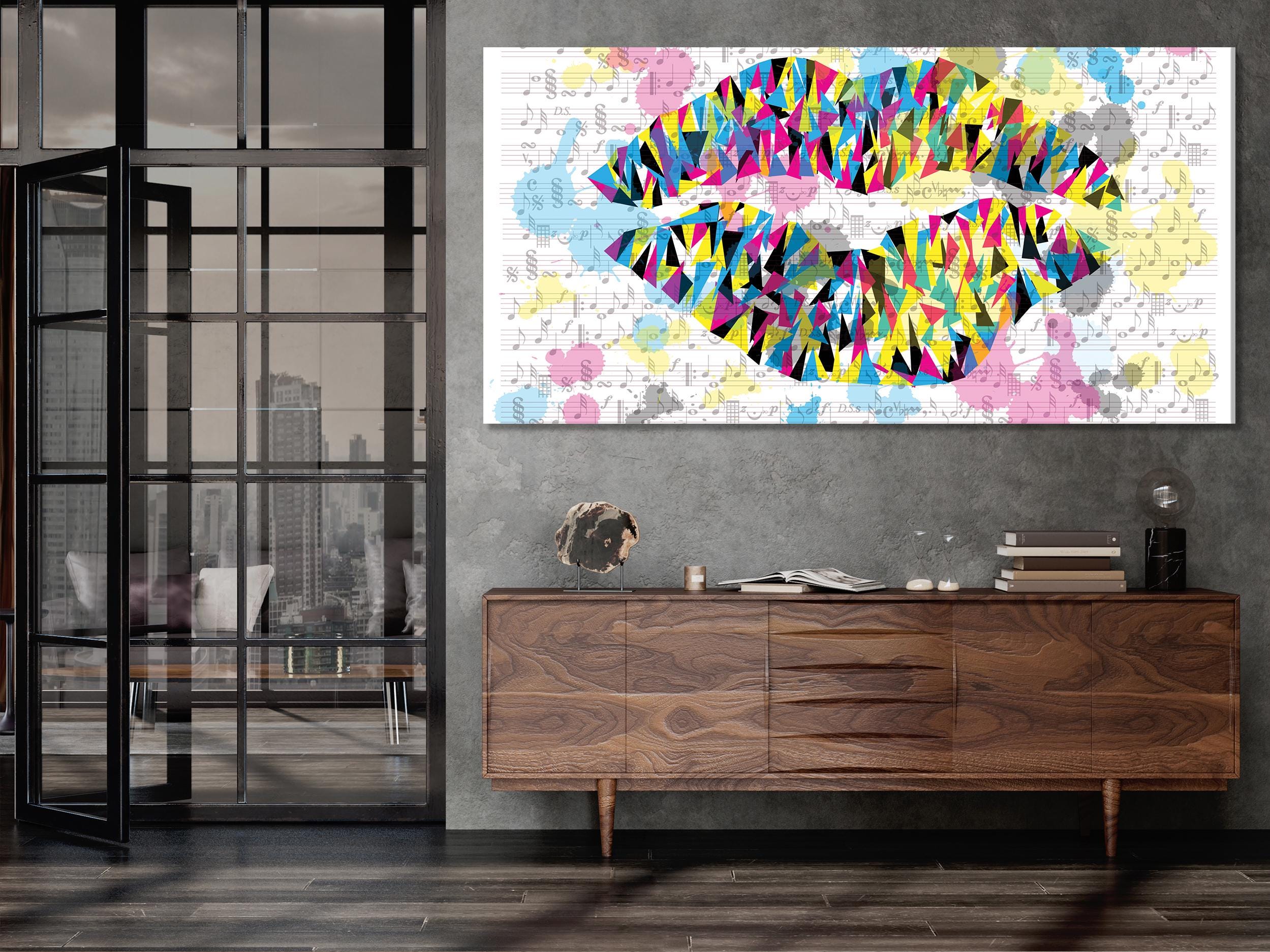 Kleurrijke geometrische lippen canvas print moderne muziek pop art wanddecoratie muziek kunstwerk zanger levendige kunstprint muzikale wandkunst cadeau voor zanger