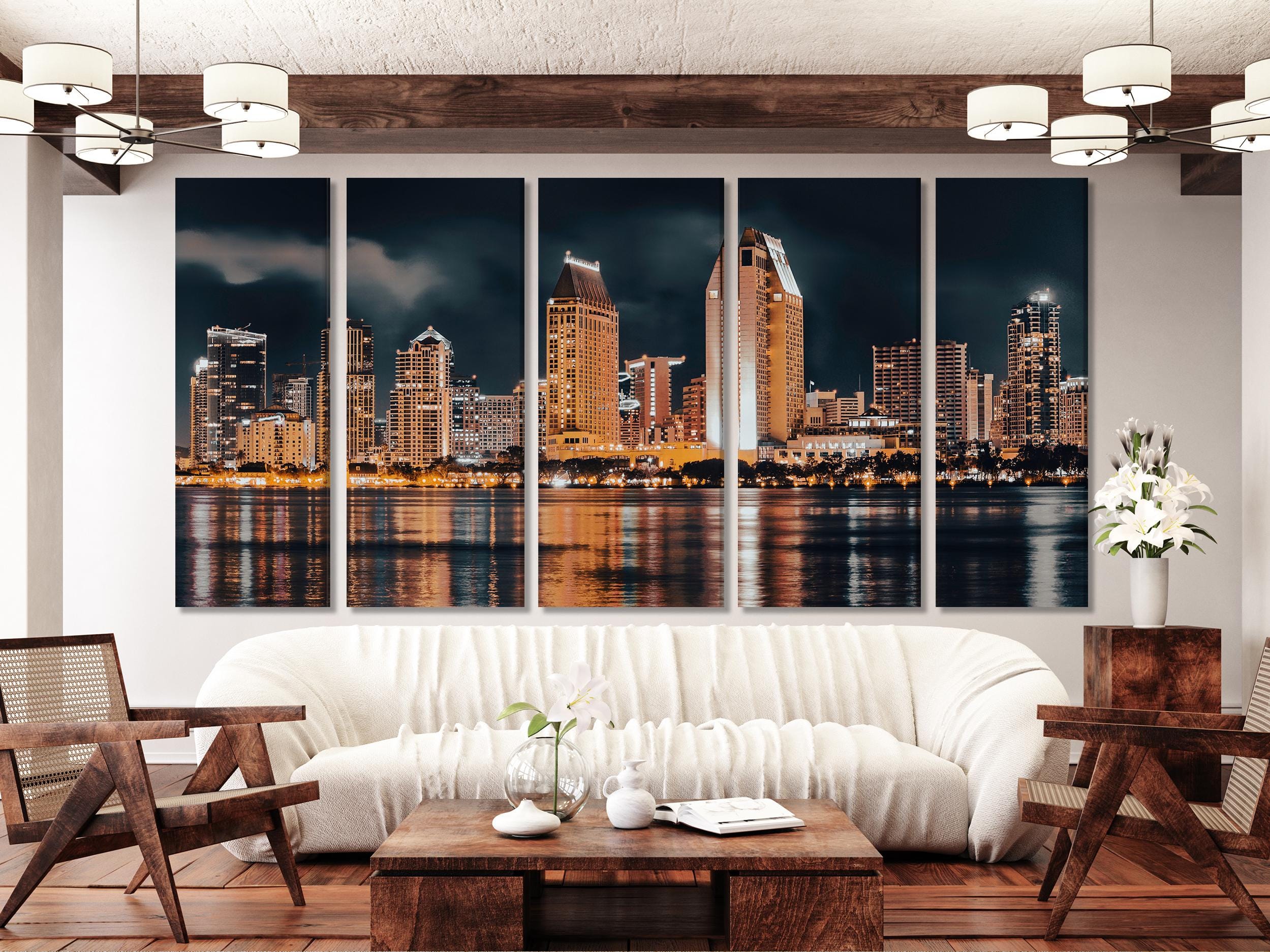 San Diego Skyline Canvas Print – Large Night Cityscape Wall Art, Downtown Waterfront View, Modern Urban Decor for Living Room or Office