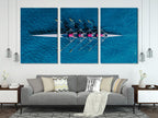 Vibrant aerial perspective artwork capturing synchronized rowing strokes, transformed into a modern wall art canvas print that celebrates teamwork and motion.