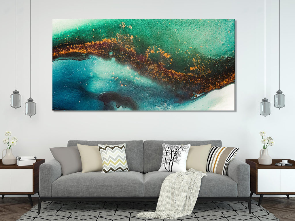 大型抽象艺术 - 青色和翠绿色抽象墙艺术，带有金色点缀的抽象画，当代多面板抽象艺术