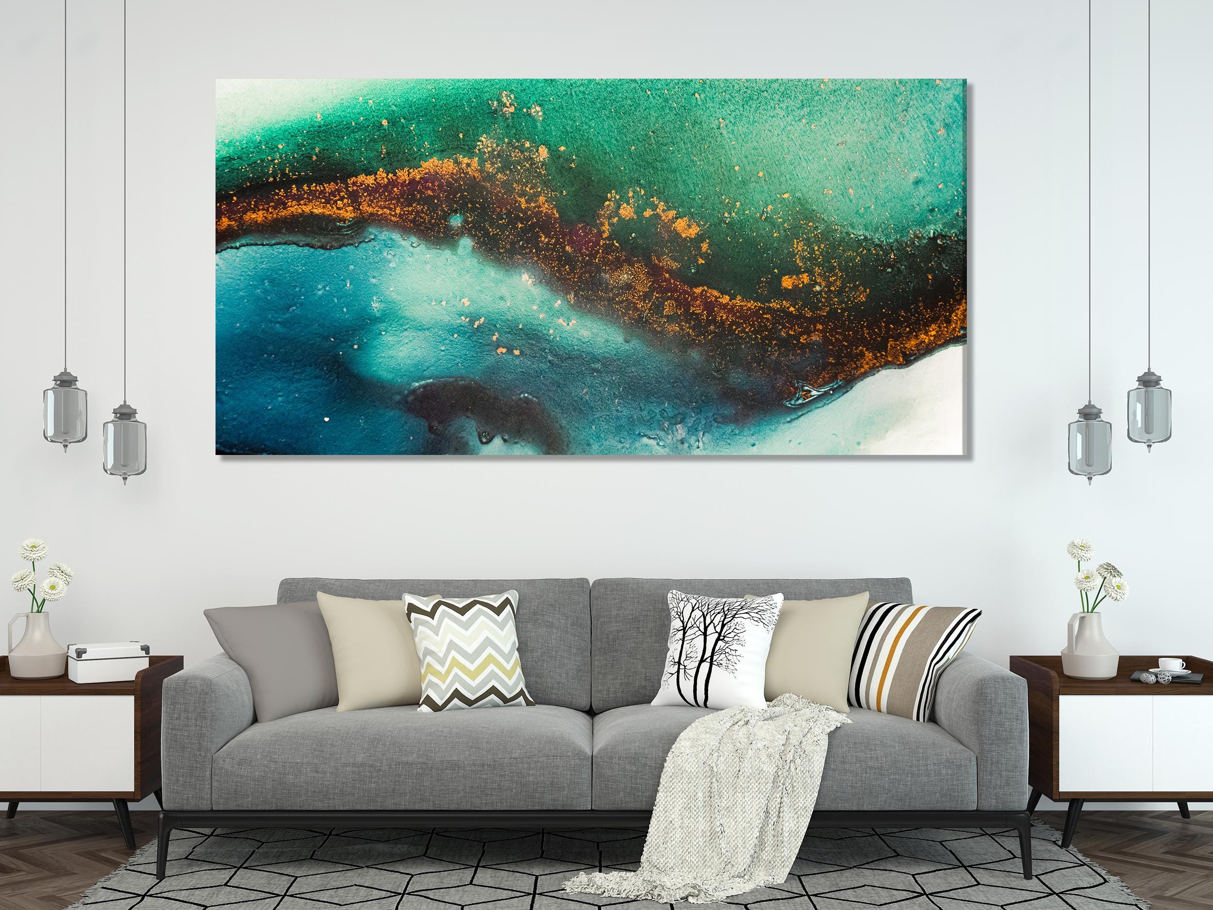 大型抽象艺术 - 青色和翠绿色抽象墙艺术，带有金色点缀的抽象画，当代多面板抽象艺术