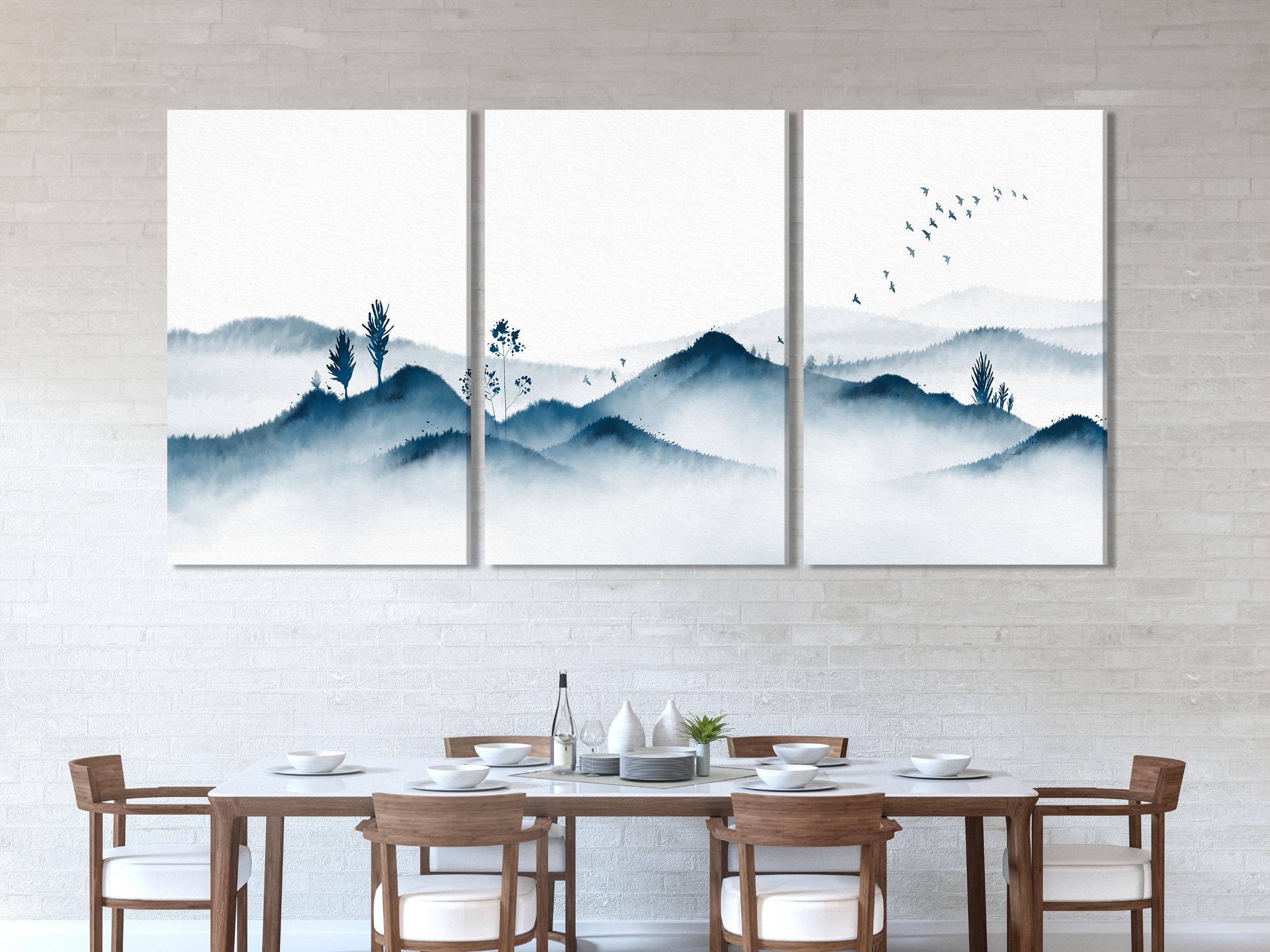 Minimalist Mountain Wall Art, Blue Mountain Canvas Art, 3-Panel Oriental Ink Artwork, Nature-Inspired Painting for Home or Office Wall Decor