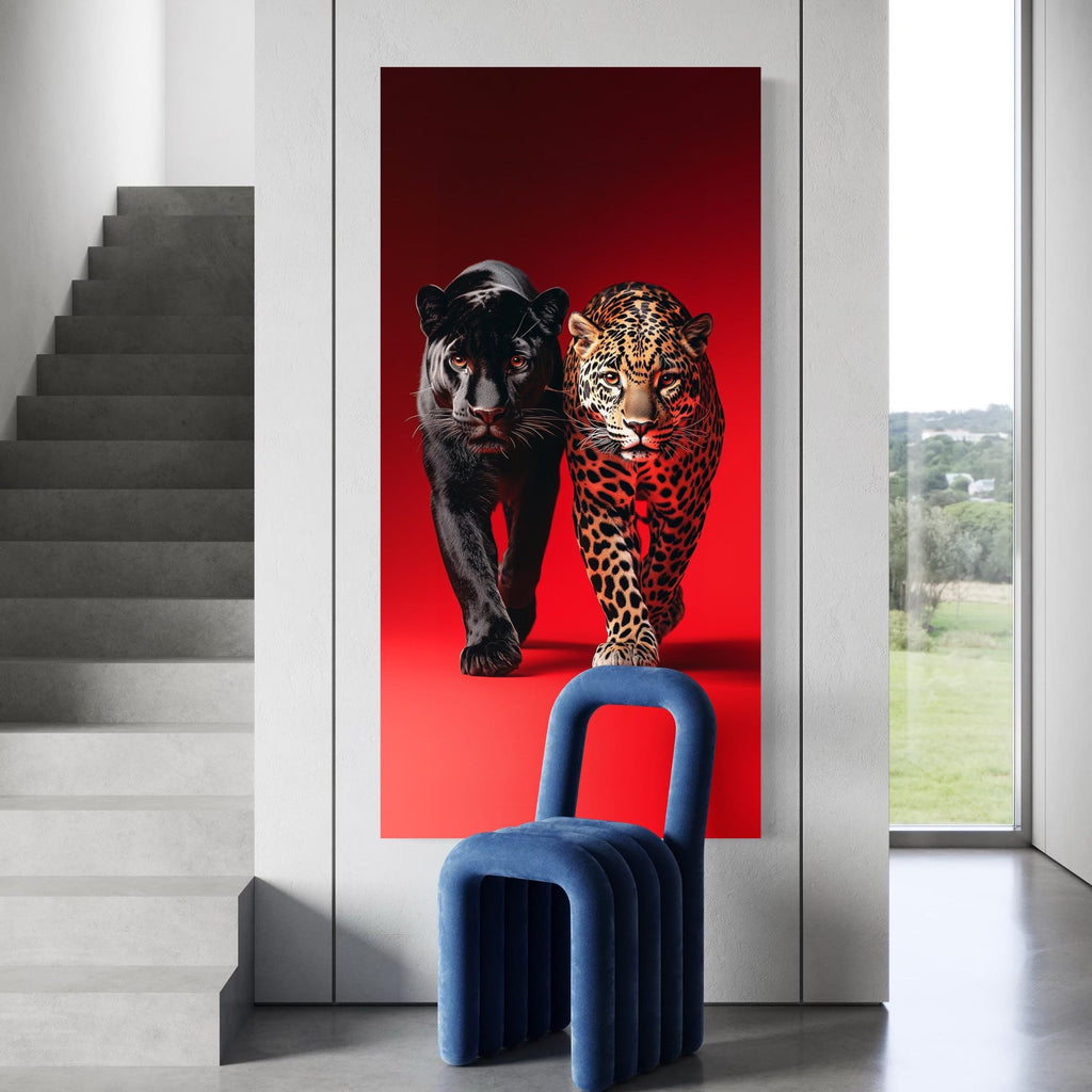 Zwarte Panter &amp; Luipaard Muurkunst - Levendig Rood Wildlife Canvas Kunst, Hedendaagse Kunstdruk, Wildlife Fotografie Print, Wilde Grote Katachtige Kunst