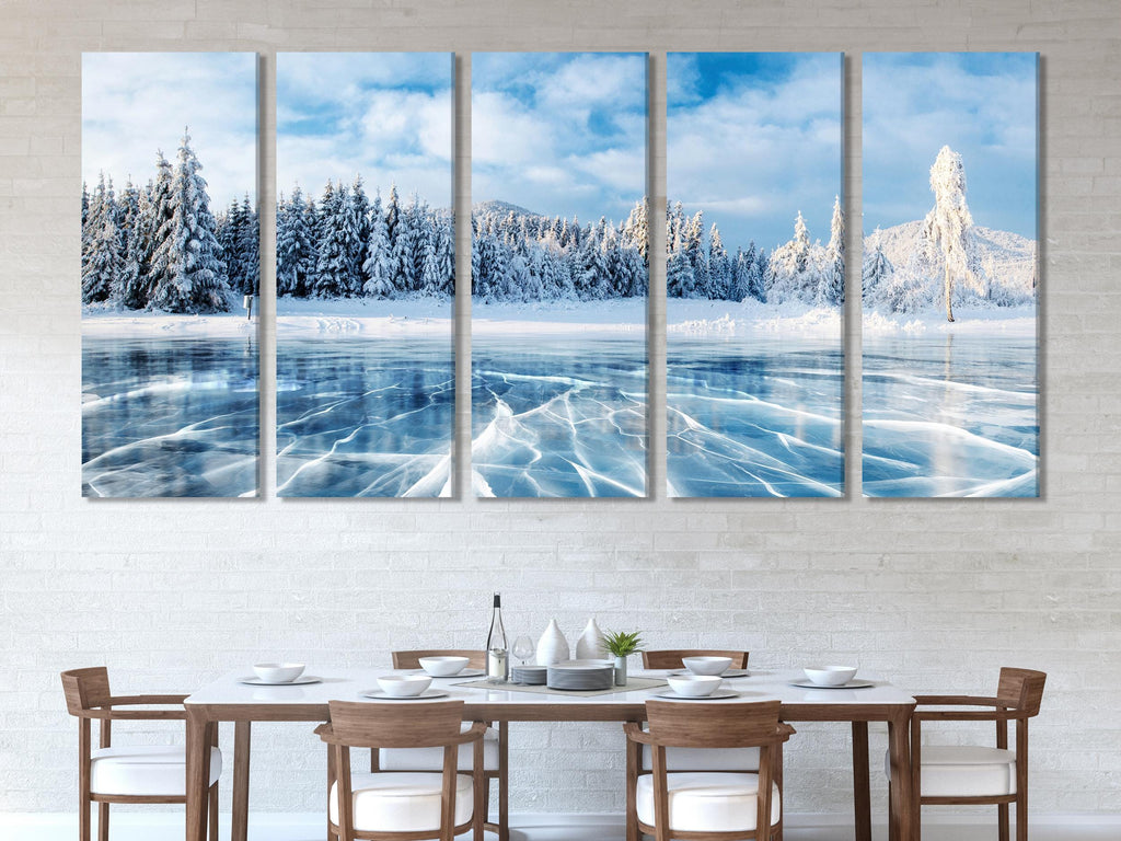 Frozen Lake Winter Landscape Canvas Print – Large Snowy Forest Wall Art, Icy Nature Scene, Winter Landscape Decor for Living Room or Office