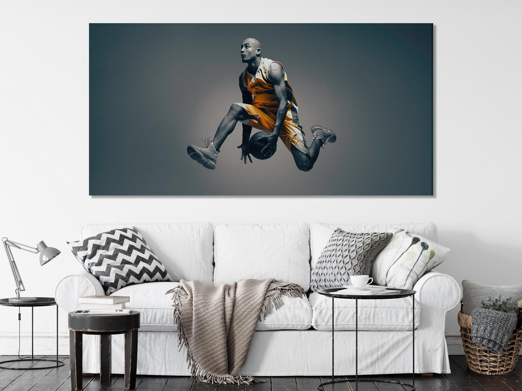 Impression sur toile d’un joueur de basket, grande œuvre murale sportive en mouvement, pièce d’art surdimensionnée en noir et blanc pour une salle de sport moderne à domicile ou une salle de jeux, cadeau de décoration murale