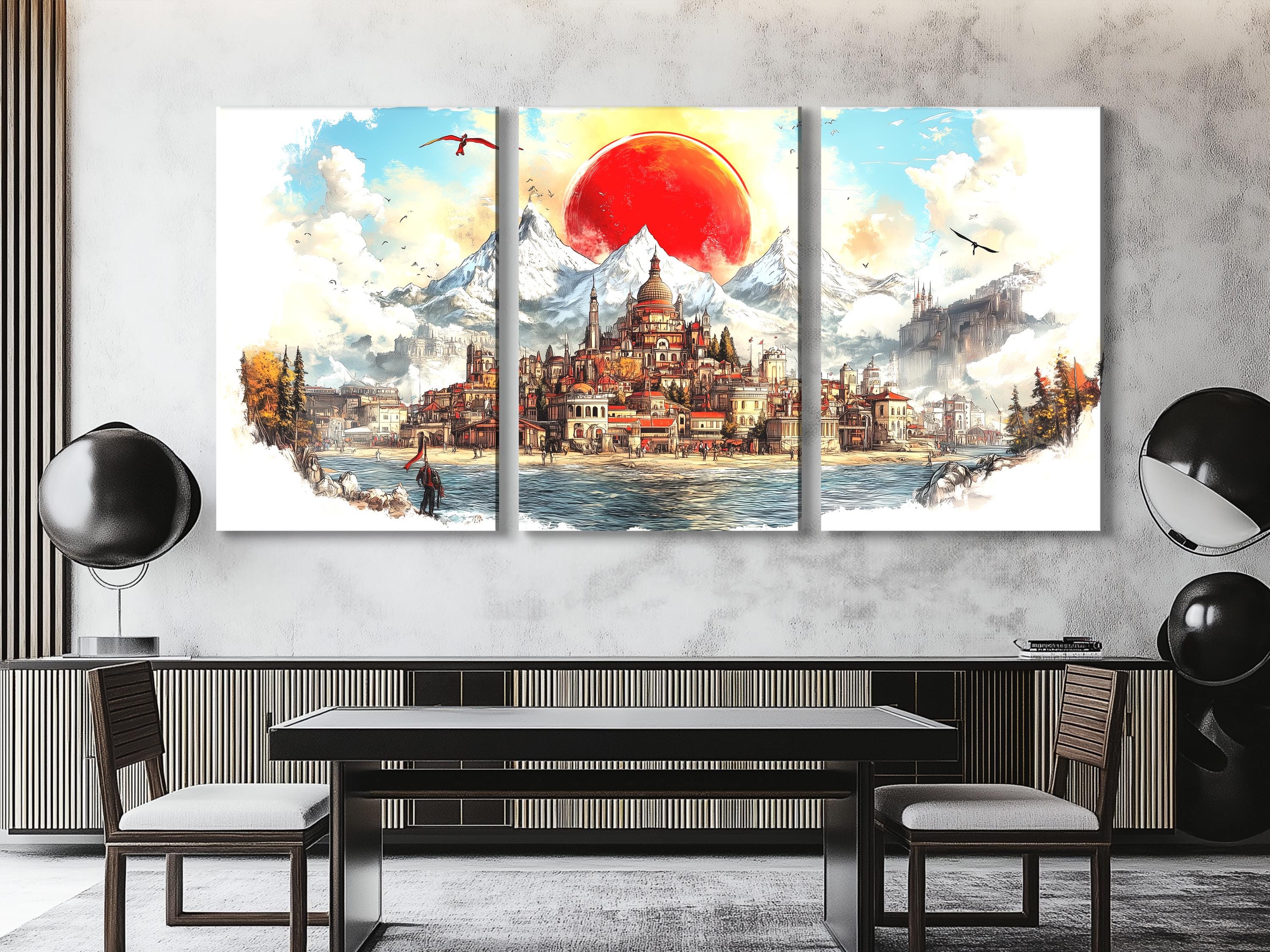 Majestic Mountain Cityscape Canvas Print Fantasy Wall Art Medieval Town Painting Abstract Landscape Artwork Red Sun Scenic Decor