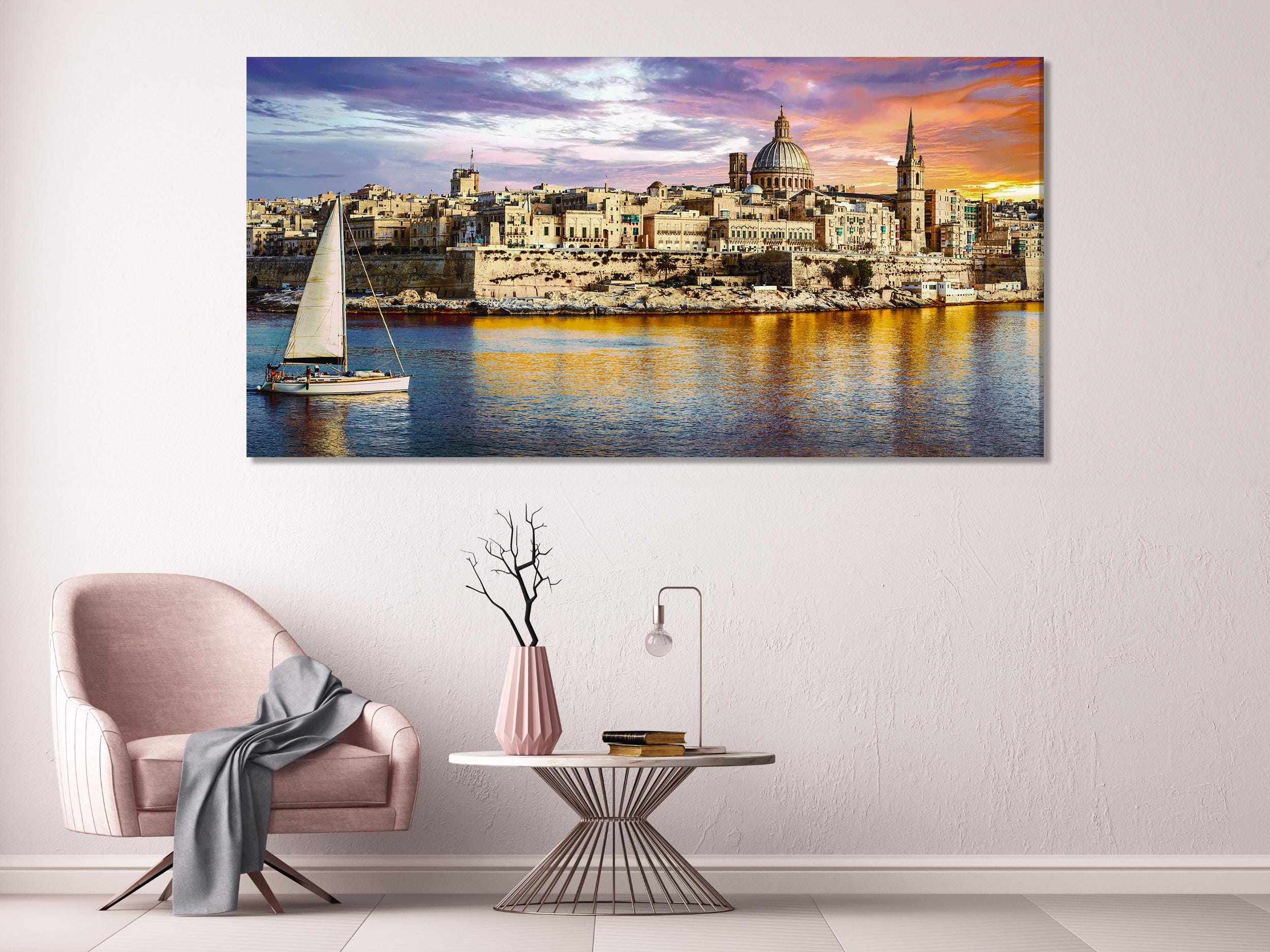 Valletta Malta Canvas Print – Stunning Mediterranean Wall Art, Coastal Cityscape Artwork, Sunset Harbor Scene for Living Room Decor