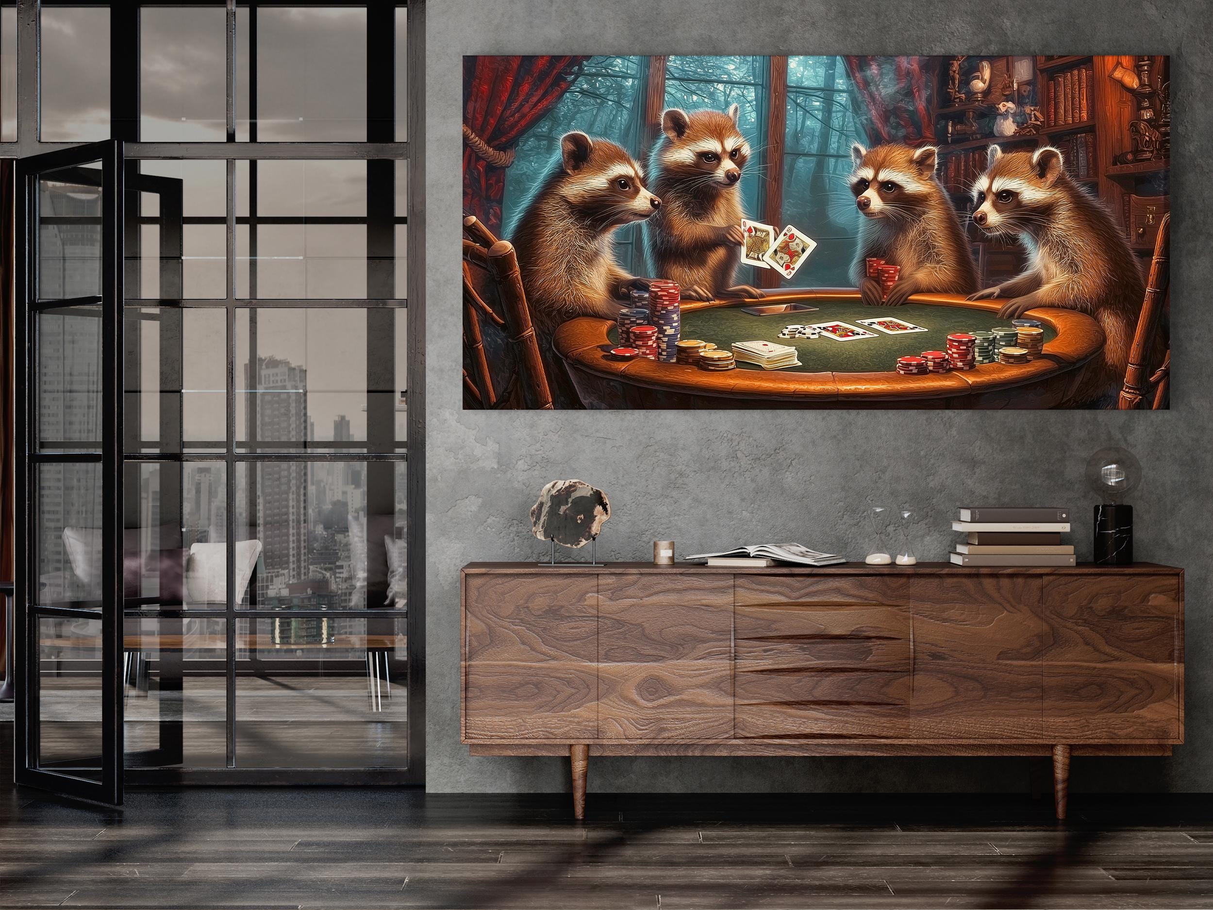 Raccoons Playing Poker Wall Art - Man Cave Wall Decor, Poker Room Wall Art, Game Room Wall Art, Gift for Him, Poker Lover Gift Idea for Home