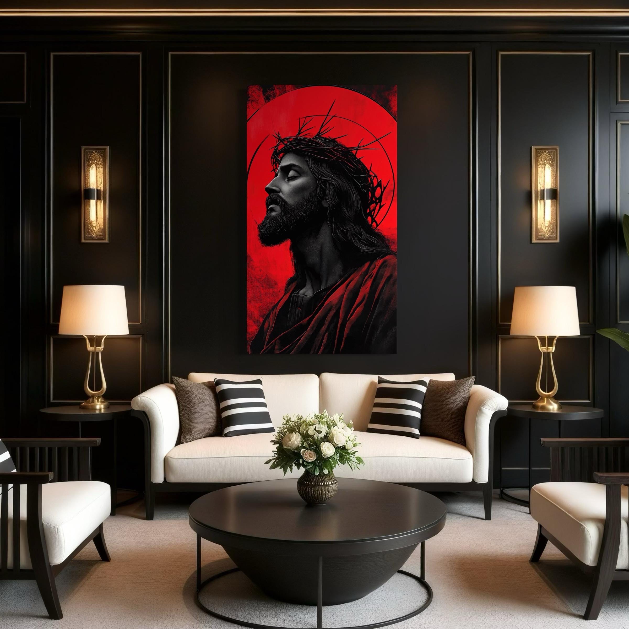 Jezus Christus wanddecoratie - religieuze christelijke canvasprint, modern Jezusportret, doornenkroonschilderij, spiritueel kunstwerk voor huisdecoratie