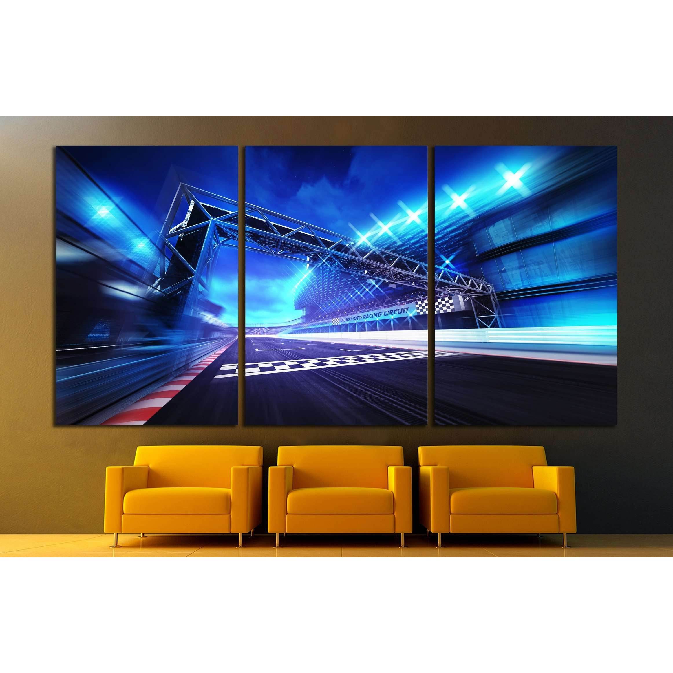 finish gate on racetrack stadium and spotlights in motion blur №3285 Ready to Hang Canvas PrintCanvas art arrives ready to hang, with hanging accessories included and no additional framing required. Every canvas print is hand-crafted, made on-demand at ou
