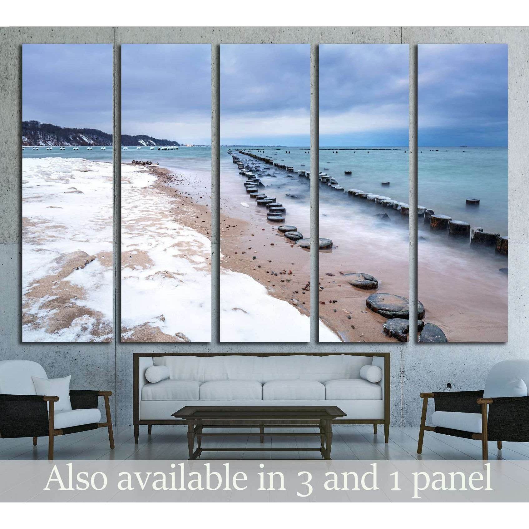 Frozen wooden breakwaters, Babie Doly, Poland №1986 Ready to Hang Canvas PrintCanvas art arrives ready to hang, with hanging accessories included and no additional framing required. Every canvas print is hand-crafted, made on-demand at our workshop and ex