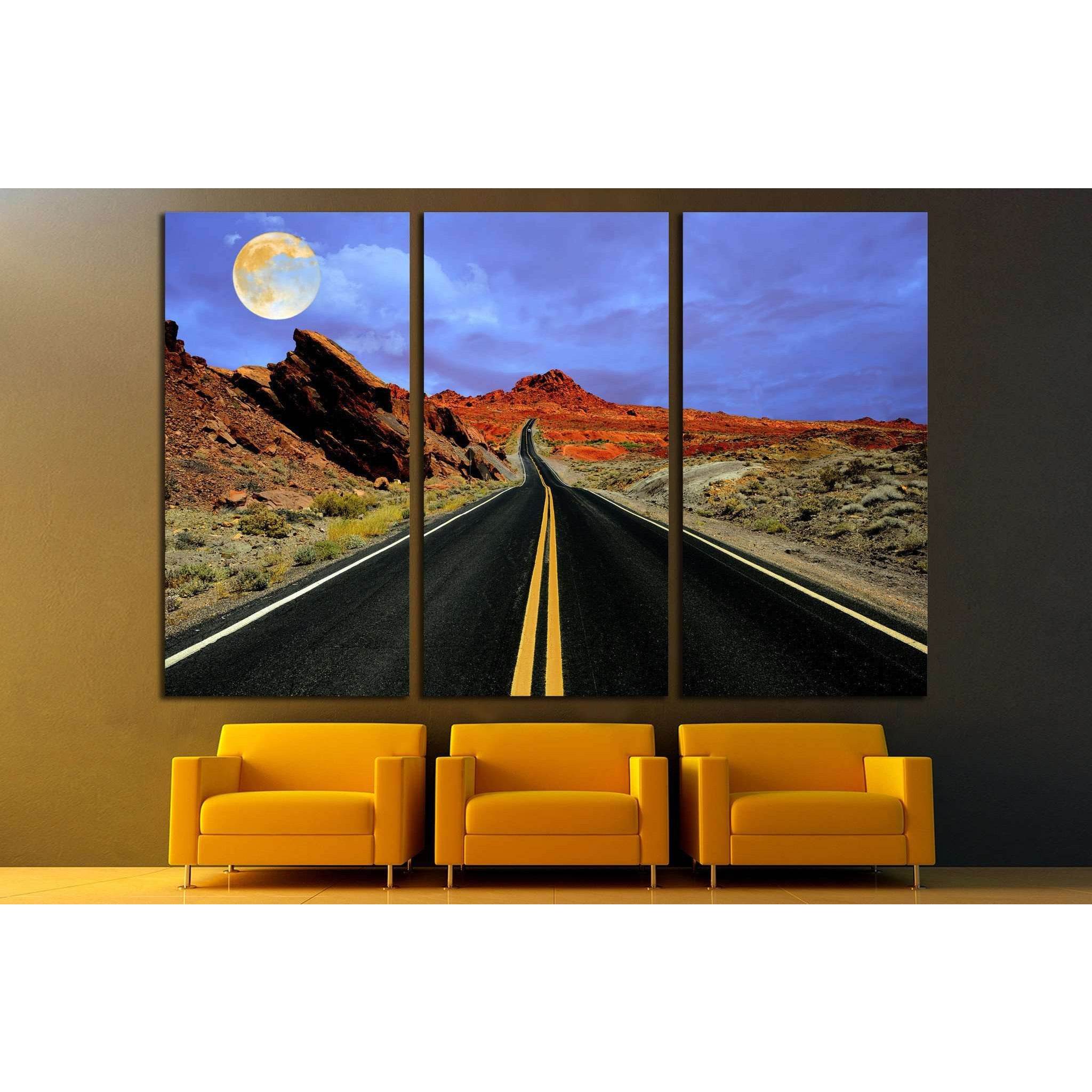 Full moon over desert road №2109 Ready to Hang Canvas PrintCanvas art arrives ready to hang, with hanging accessories included and no additional framing required. Every canvas print is hand-crafted, made on-demand at our workshop and expertly stretched ar