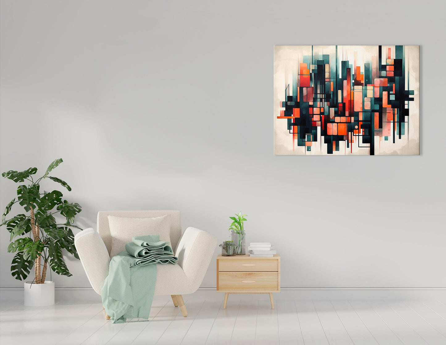 Geometric Abstraction in Light Red and Dark Cyan - Canvas Print - Artoholica Ready to Hang Canvas Print