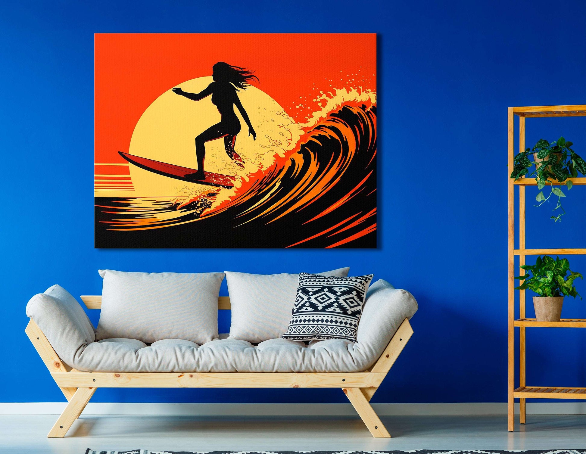 Girl on Surfboard in Light Yellow and Red - Canvas Print - Artoholica Ready to Hang Canvas Print