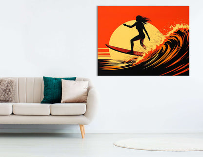 Girl on Surfboard in Light Yellow and Red - Canvas Print - Artoholica Ready to Hang Canvas Print