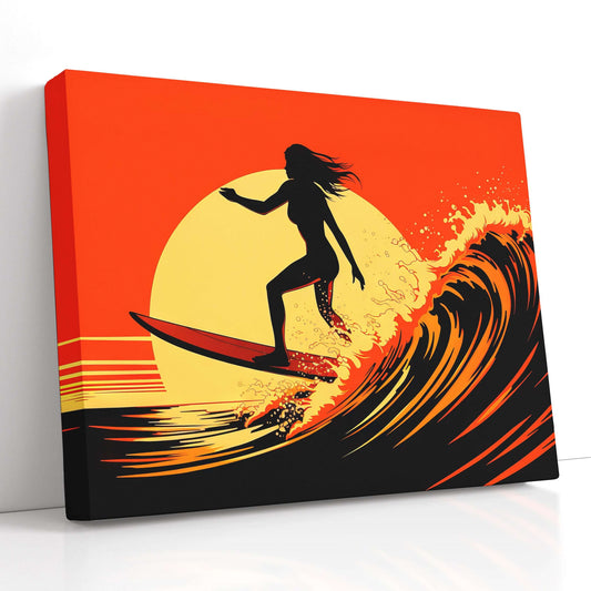 Girl on Surfboard in Light Yellow and Red - Canvas Print - Artoholica Ready to Hang Canvas Print