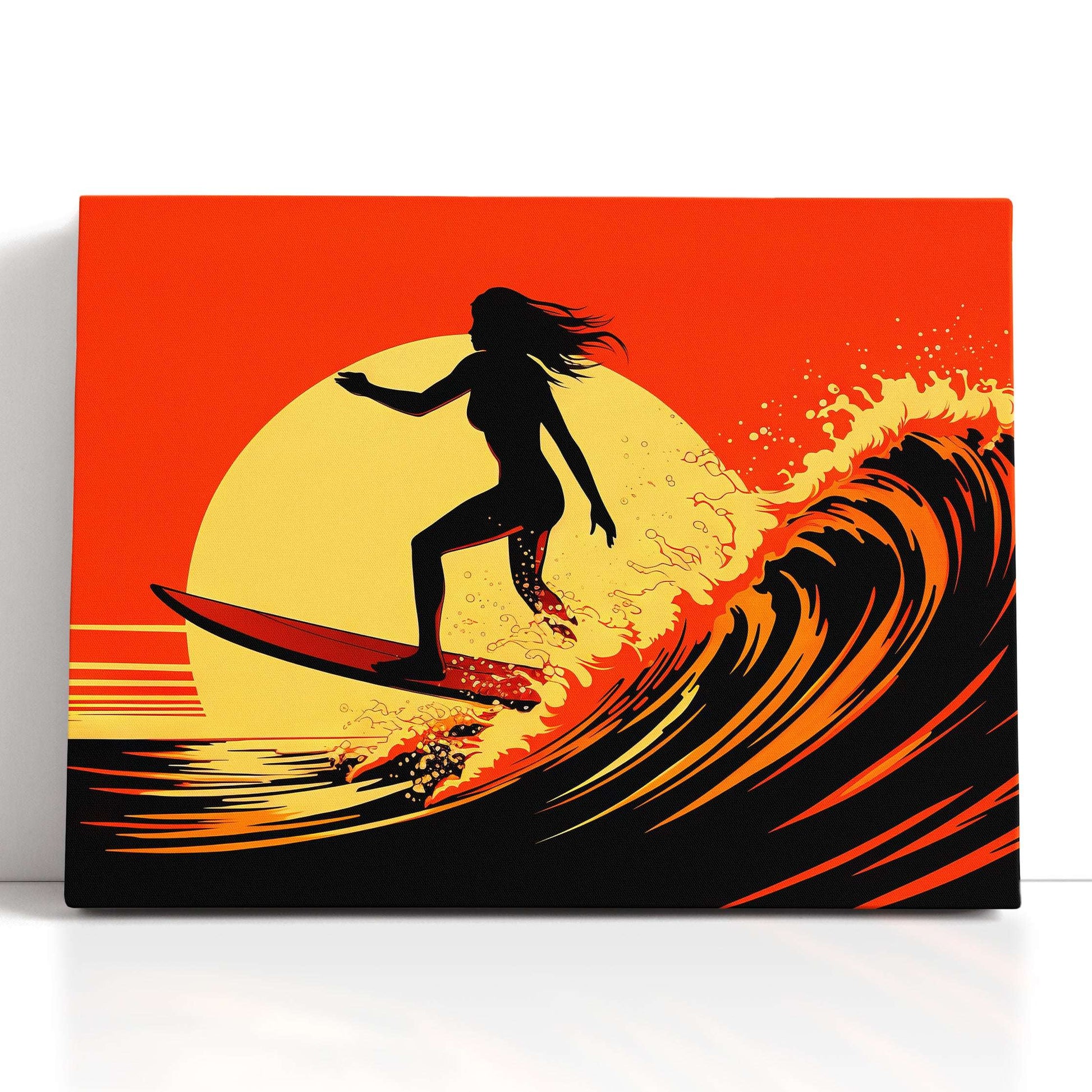 Girl on Surfboard in Light Yellow and Red - Canvas Print - Artoholica Ready to Hang Canvas Print